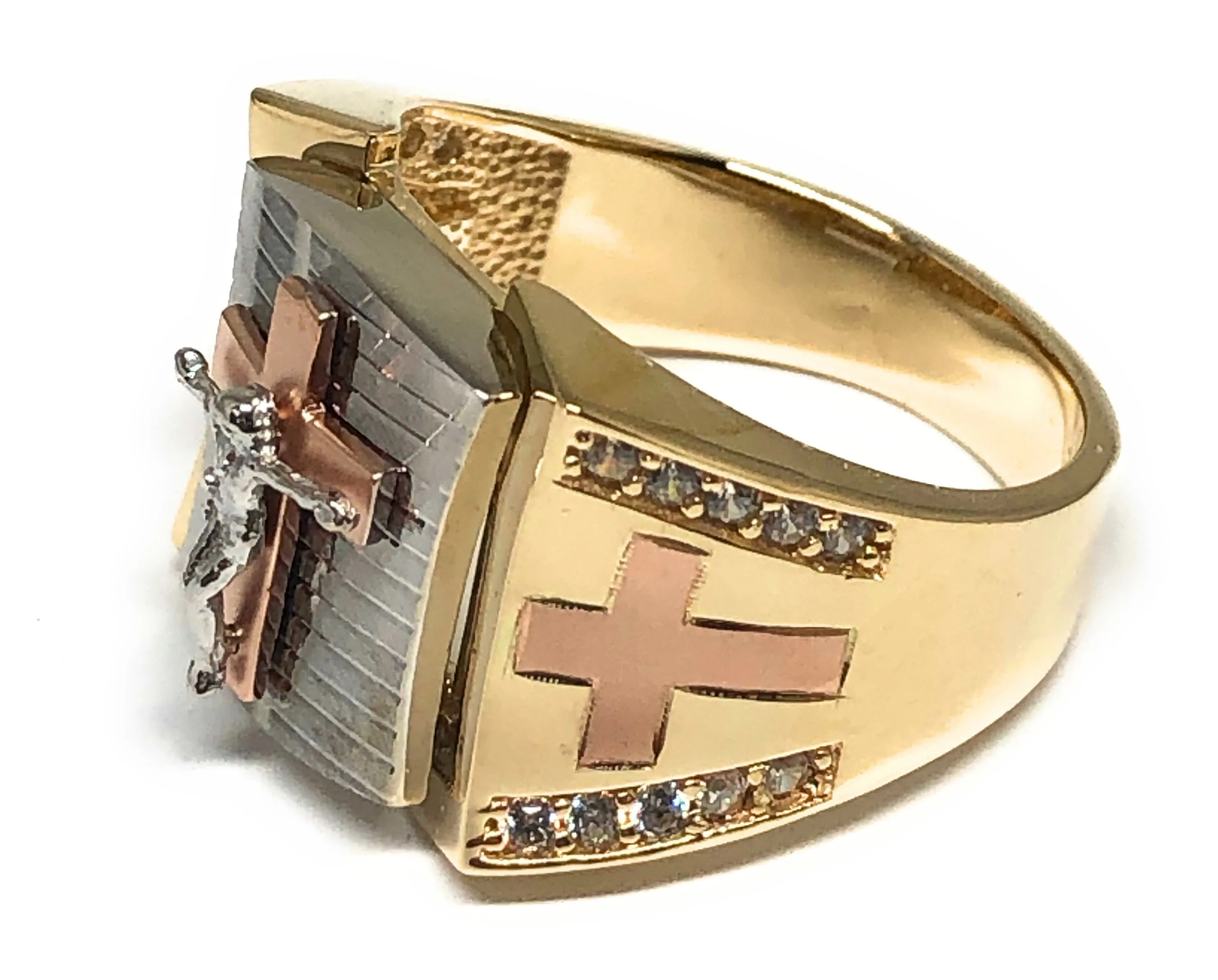 10k Solid Gold Tri-Color Jesus Crucifix Ring (9.1g) (FC 128)