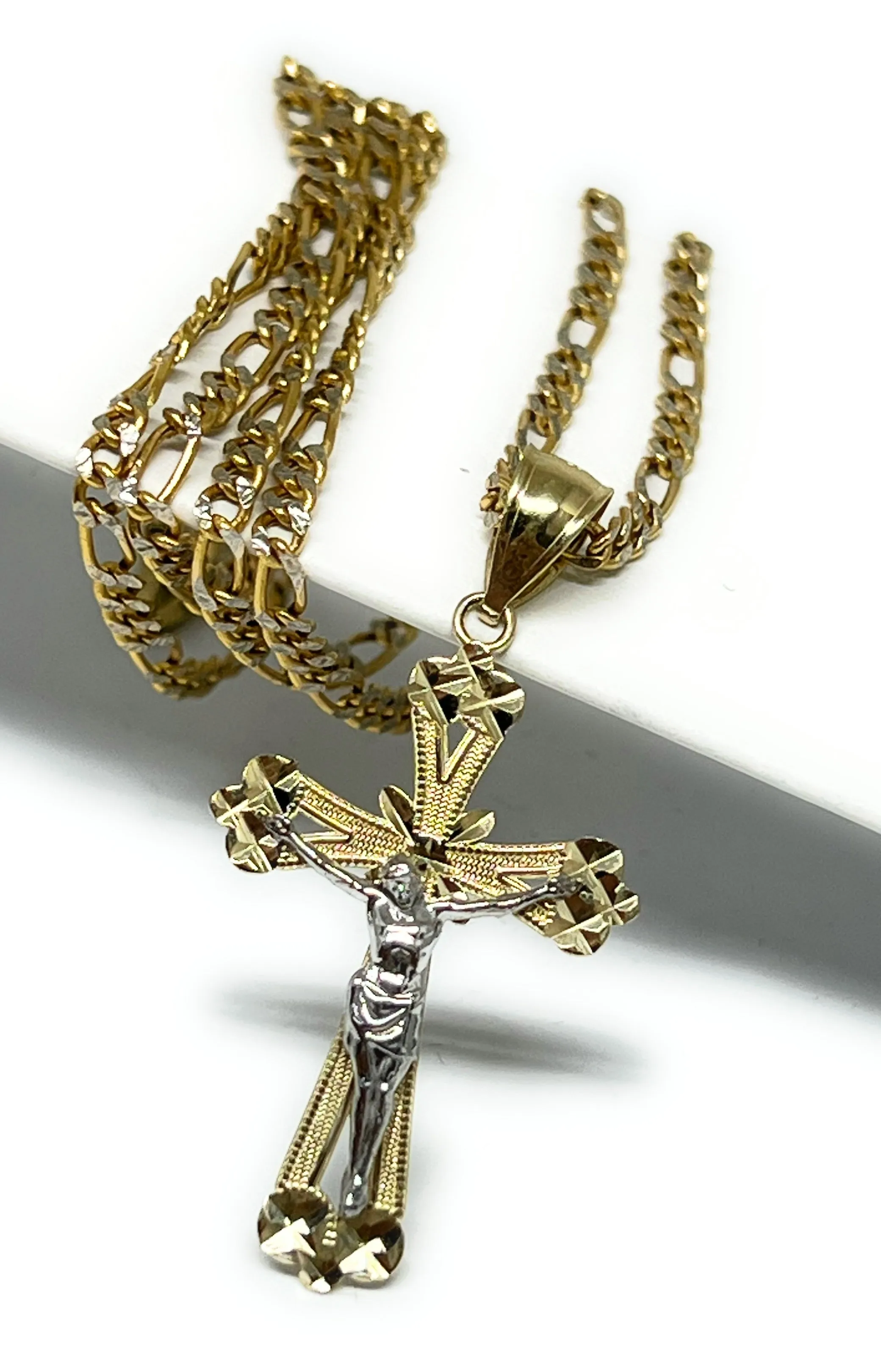 10k Solid Gold Yellow 2-Tone Jesus Cross Crucifix Pendant Necklace