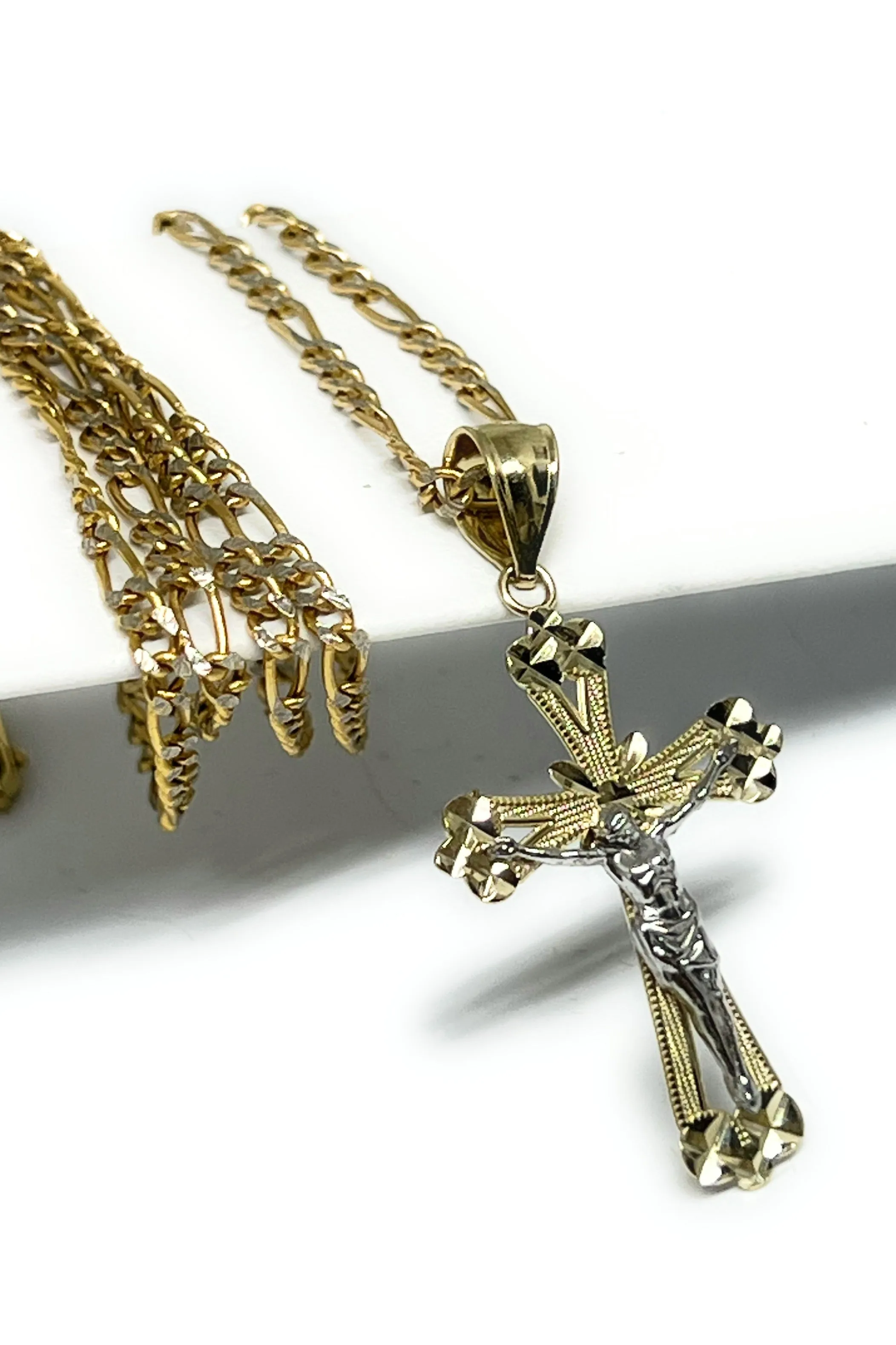 10k Solid Gold Yellow 2-Tone Jesus Cross Crucifix Pendant Necklace