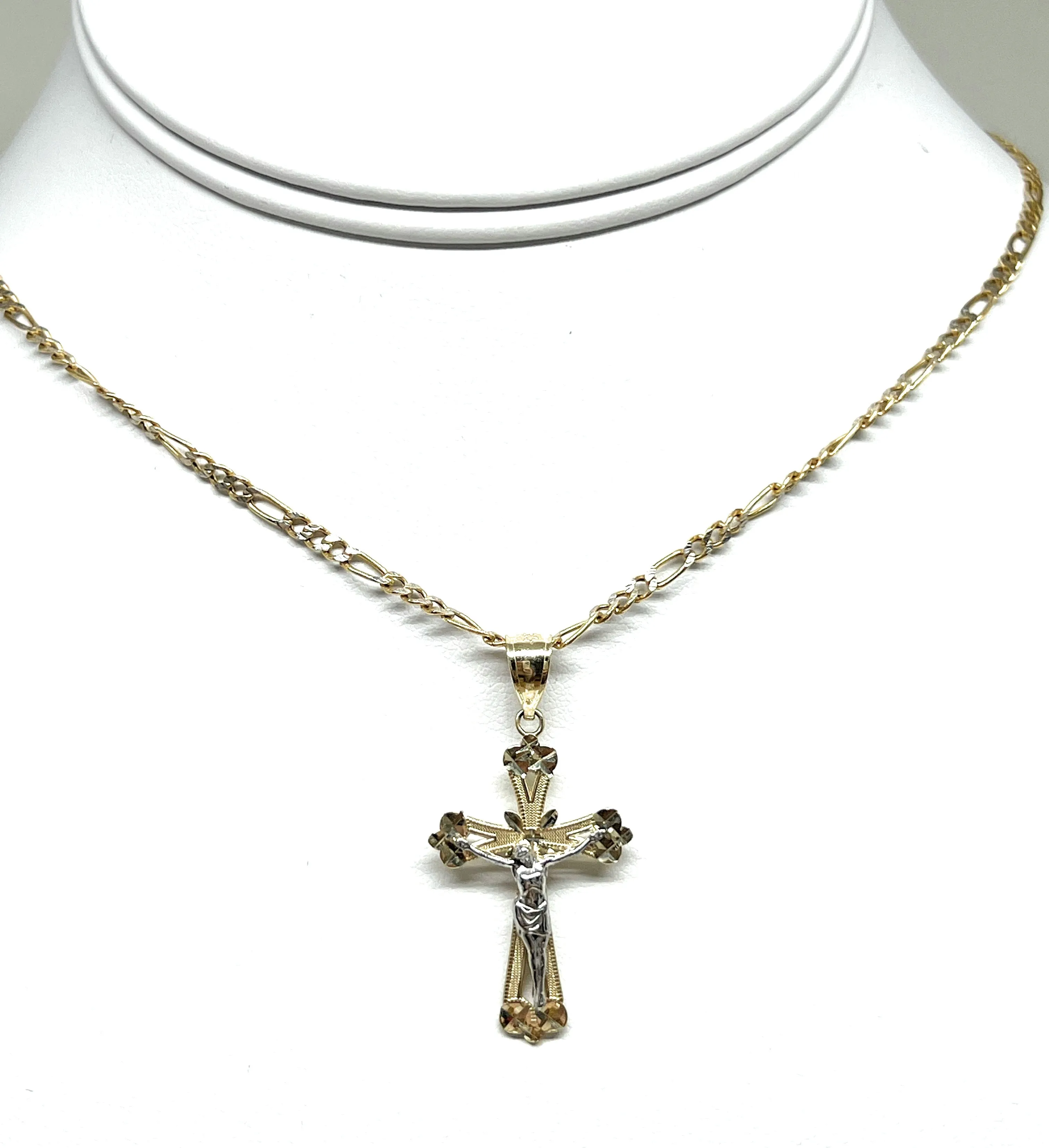 10k Solid Gold Yellow 2-Tone Jesus Cross Crucifix Pendant Necklace