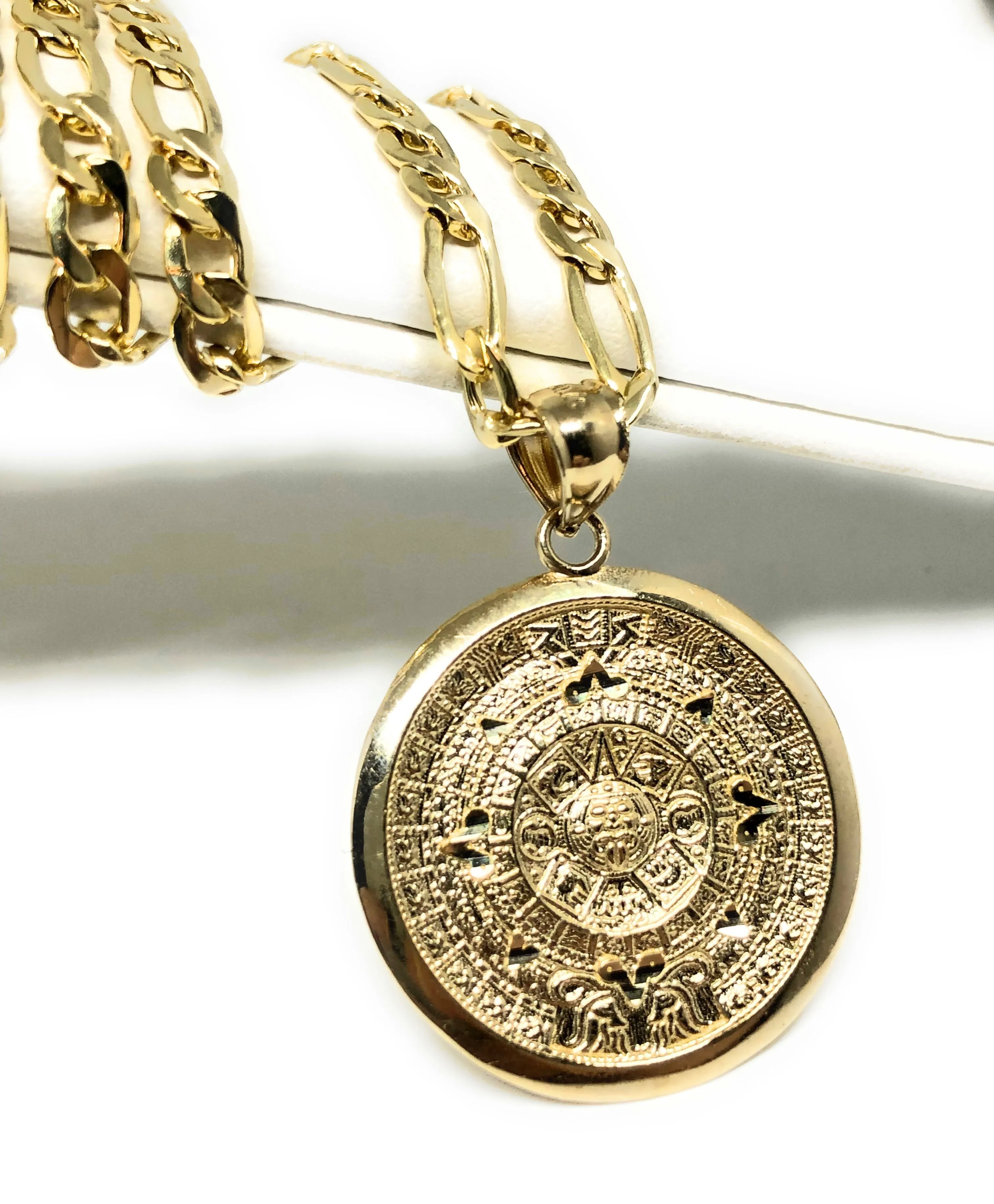 10k Solid Gold Yellow Mexican Aztec Calendar Pendant Necklace with Chain