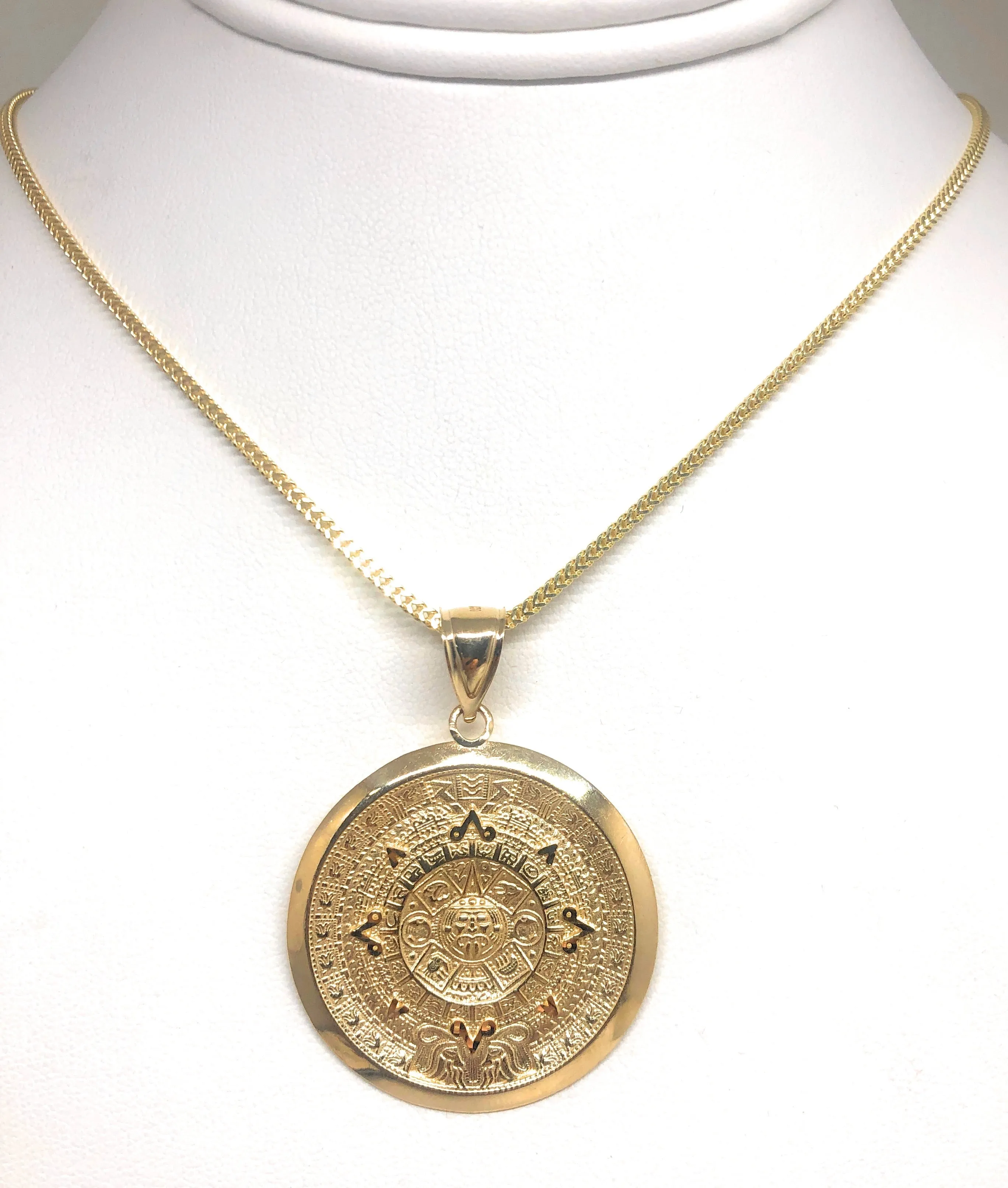 10k Solid Gold Yellow Mexican Aztec Calendar Pendant Necklace with Chain