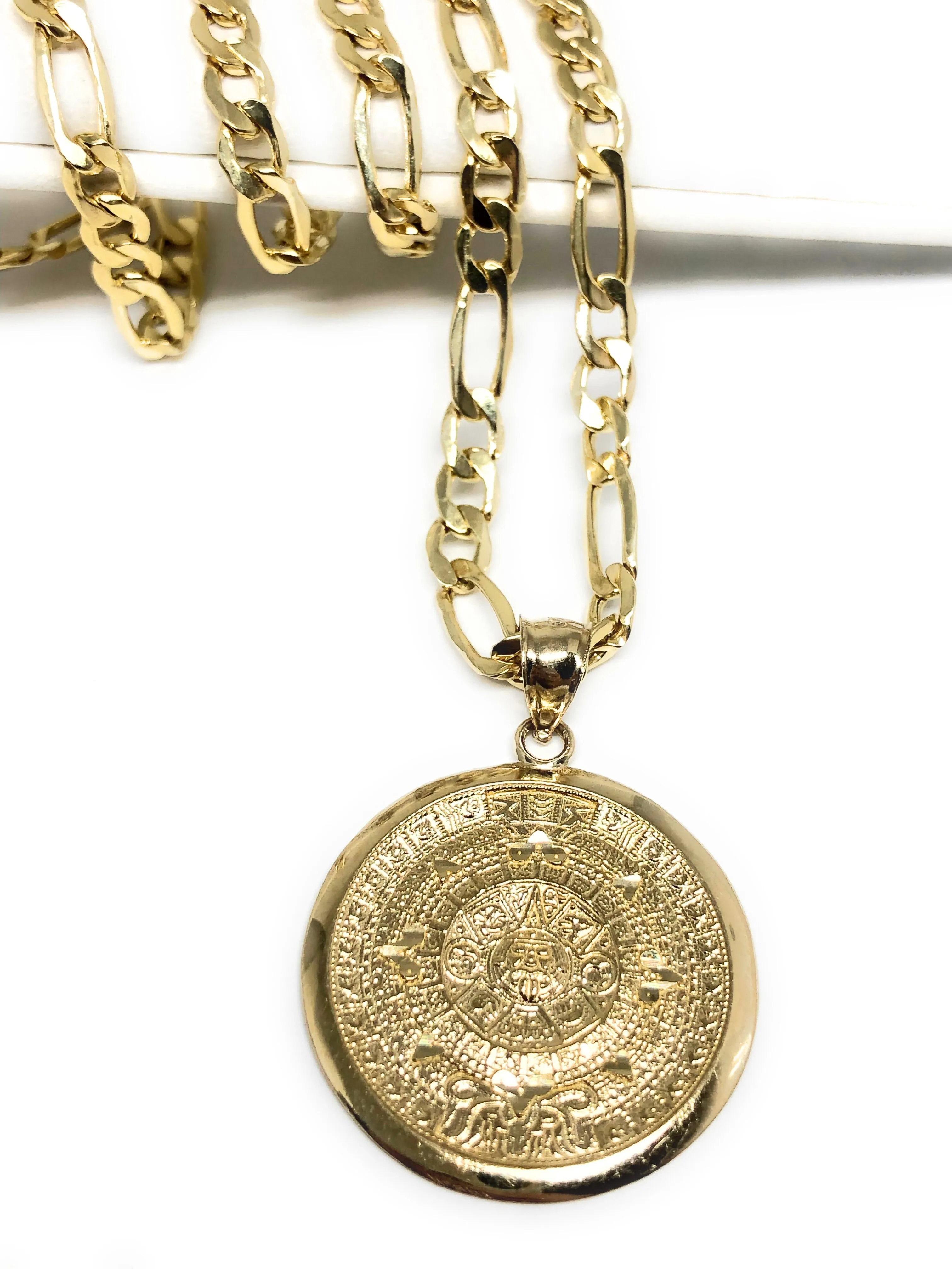 10k Solid Gold Yellow Mexican Aztec Calendar Pendant Necklace with Chain