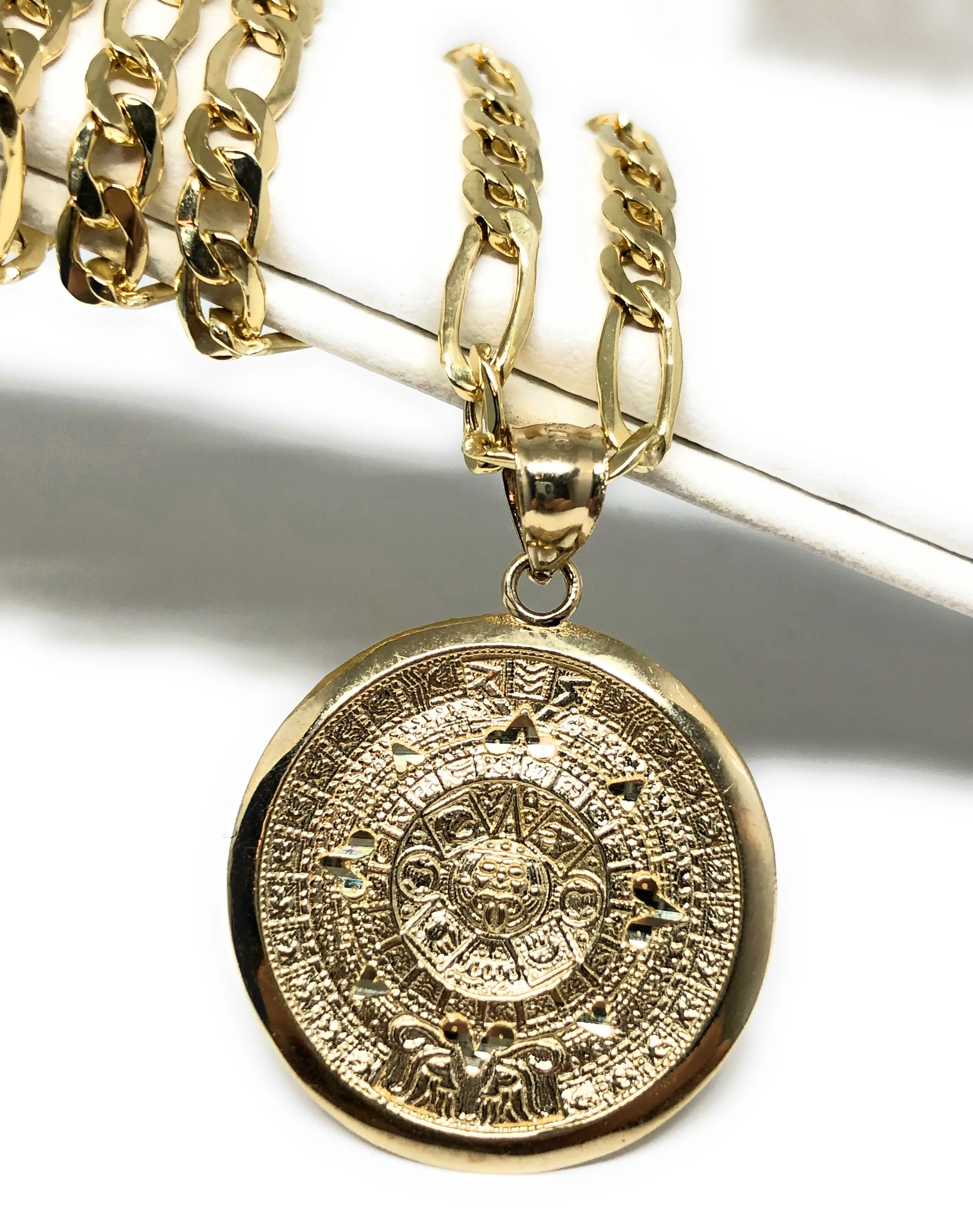 10k Solid Gold Yellow Mexican Aztec Calendar Pendant Necklace with Chain