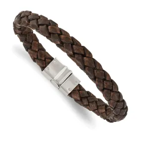 10mm Stainless Steel Distressed Brown Leather Woven Bracelet, 8.75 In