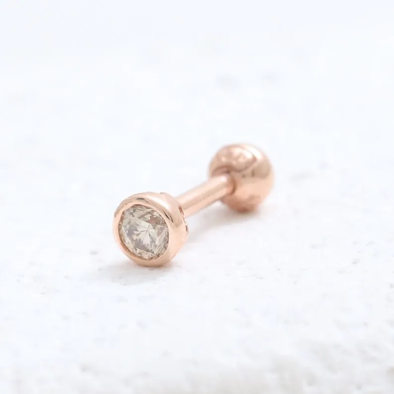 14K 18K Solid Gold 0.1ct Genuine Cognac Diamond Bezel Cartilage Tragus Helix Piercing