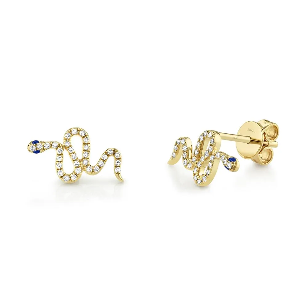 14K Gold Diamond Sapphire Snake Stud Earrings