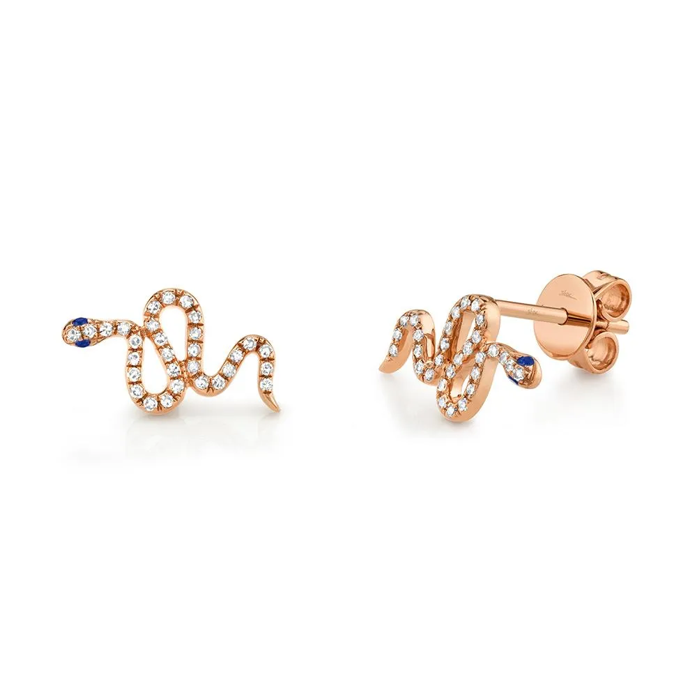 14K Gold Diamond Sapphire Snake Stud Earrings