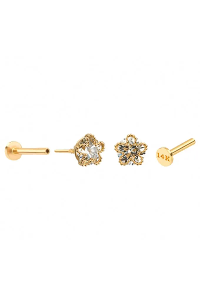 14K Real Gold Line Flower Forward Helix Cartilage Tragus Inner Conch Ear Stud Post Internally Threaded Earring Labret