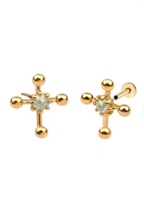 14K Solid Gold Natural Rough Diamond Cross Cartilage Internally Internal Threaded Earring Labret