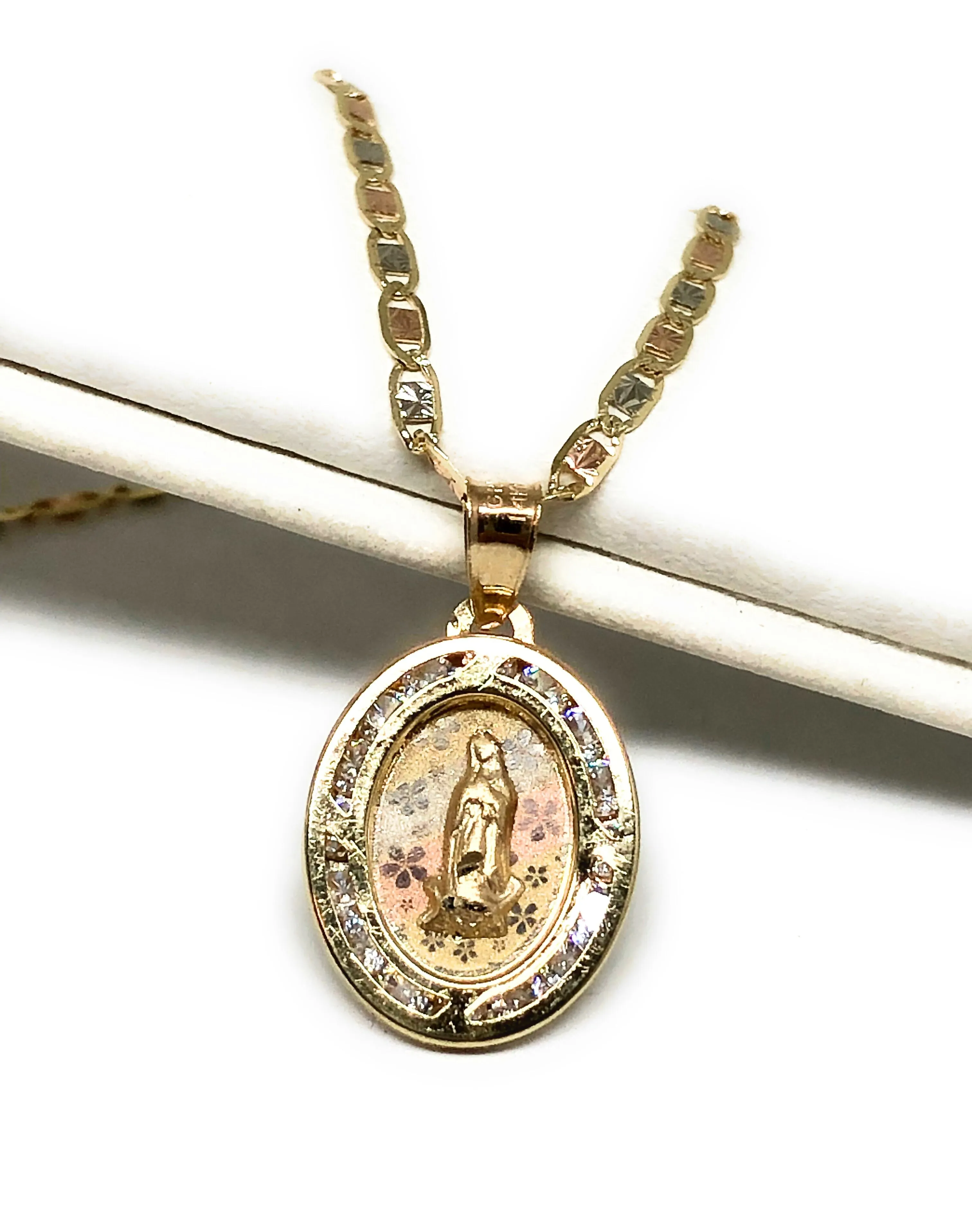 14k Solid Gold Tri-Color Virrgin Mary Flower Pendant CZ Virrgen Guadalupe Tri-Color Valentina Chain (SM)