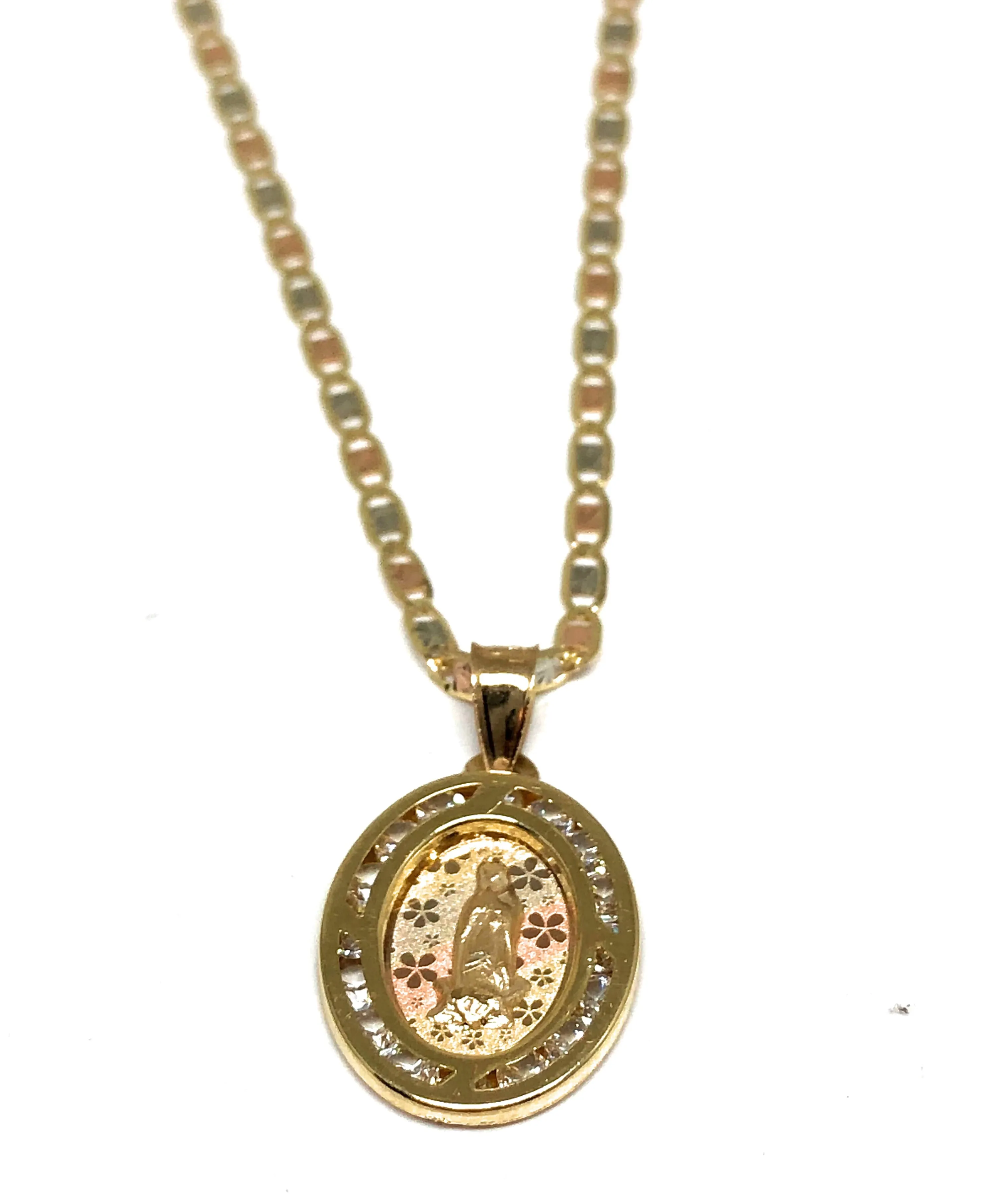 14k Solid Gold Tri-Color Virrgin Mary Flower Pendant CZ Virrgen Guadalupe Tri-Color Valentina Chain (SM)