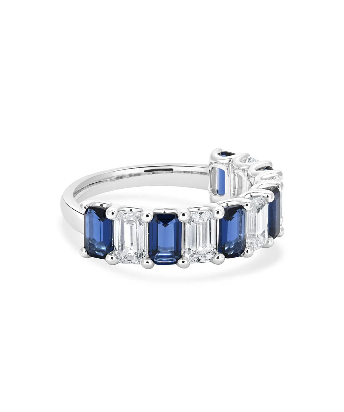 14K White Gold Lab Grown Emerald Cut Diamond and Sapphire Band Ring