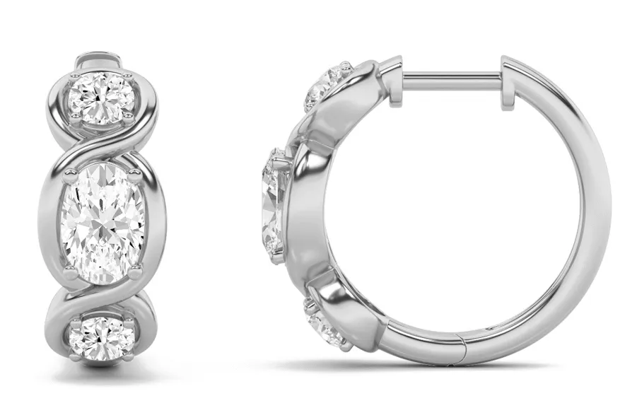 14kt Gold 2.51 CTW Round & Oval Cut Lab Diamond Three-Stone Hoop Earrings