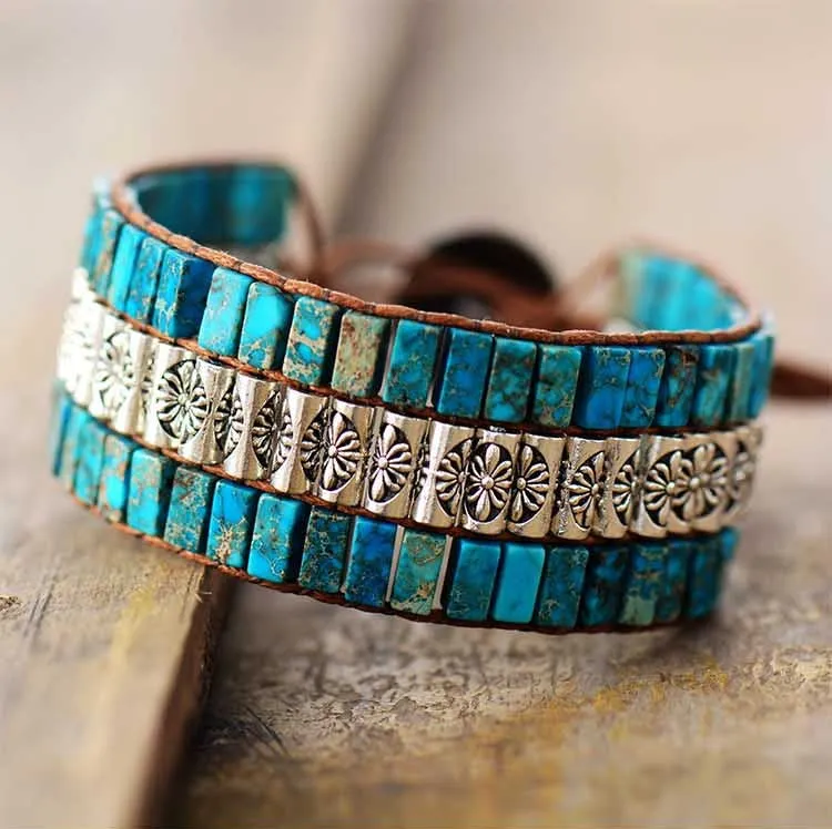 3 Row Turquoise Jasper Cuff Beaded Bracelet