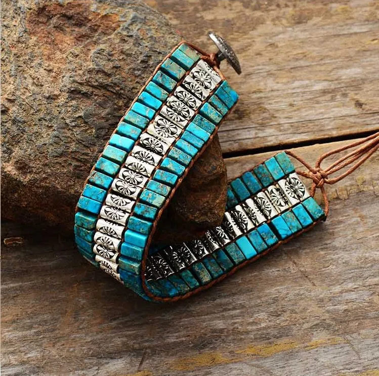 3 Row Turquoise Jasper Cuff Beaded Bracelet