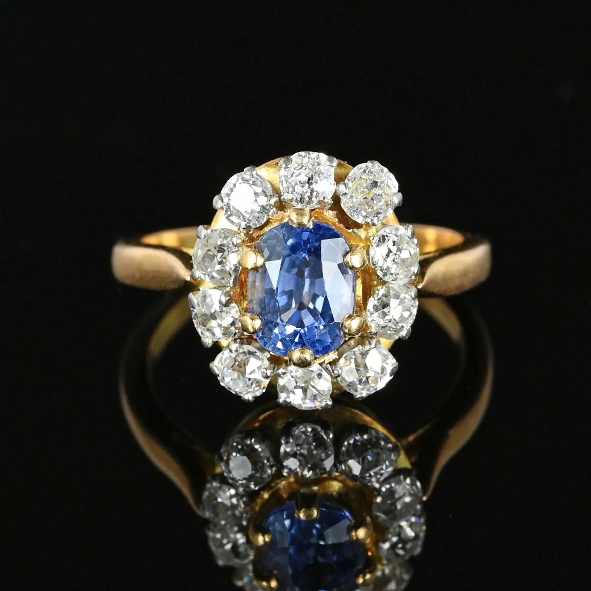 Antique Diamond Halo Ceylon Sapphire Ring in 18K Gold