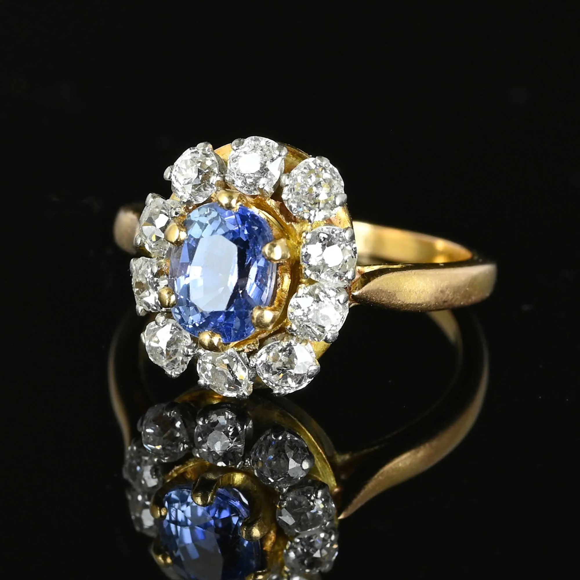 Antique Diamond Halo Ceylon Sapphire Ring in 18K Gold