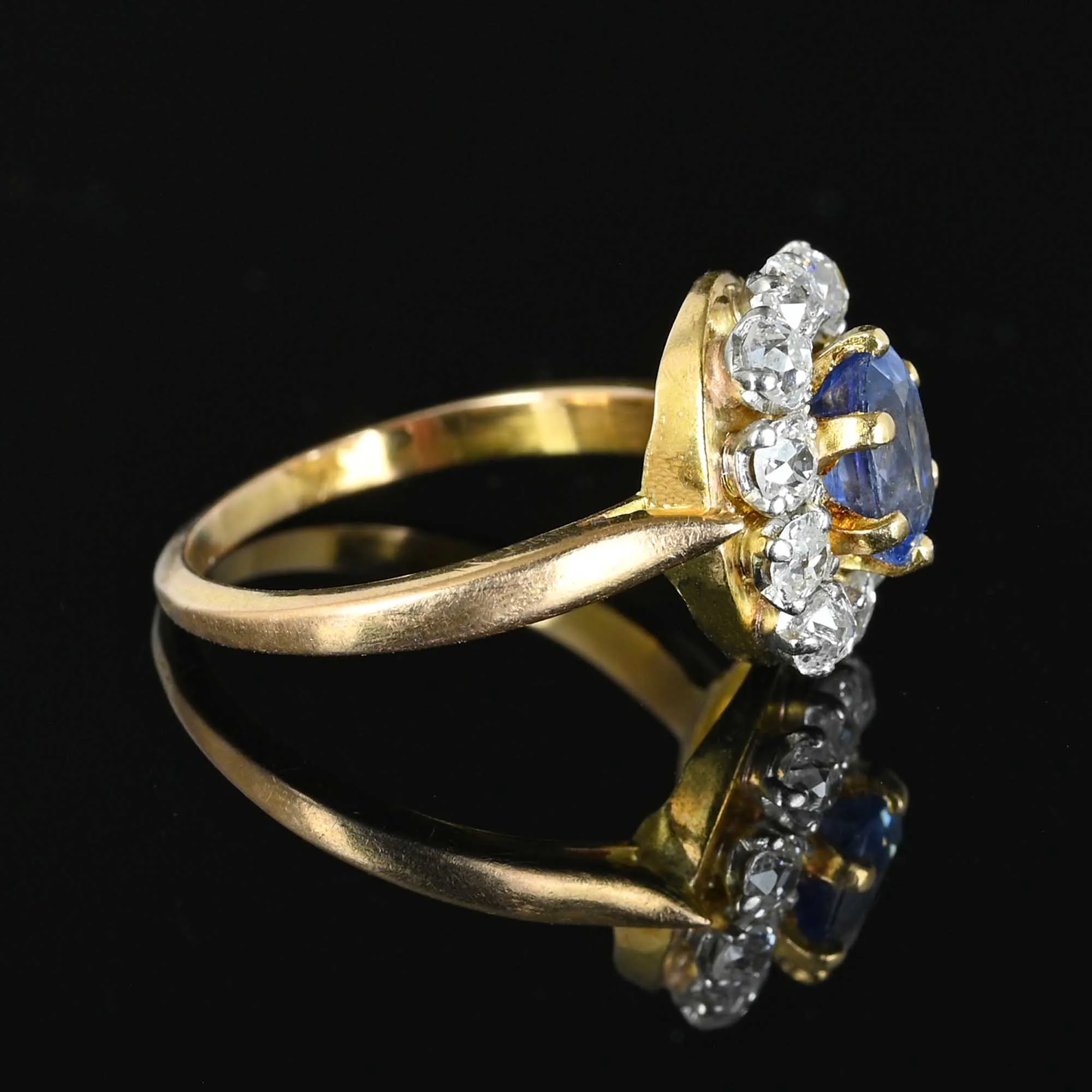 Antique Diamond Halo Ceylon Sapphire Ring in 18K Gold