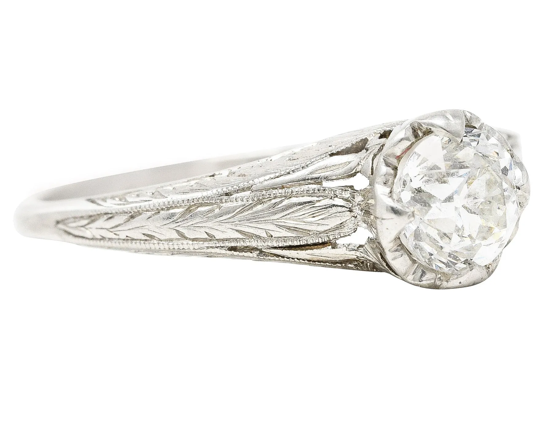 Art Deco Old European 0.67 CTW Diamond Platinum Foliate Solitaire Engagement Ring