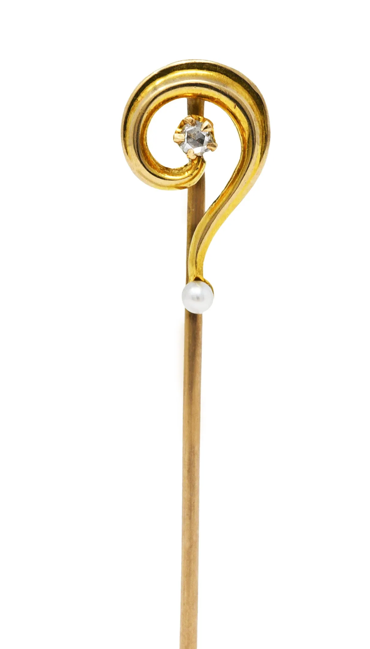 Art Nouveau Diamond Freshwater Pearl 14 Karat Gold Question Mark Stickpin