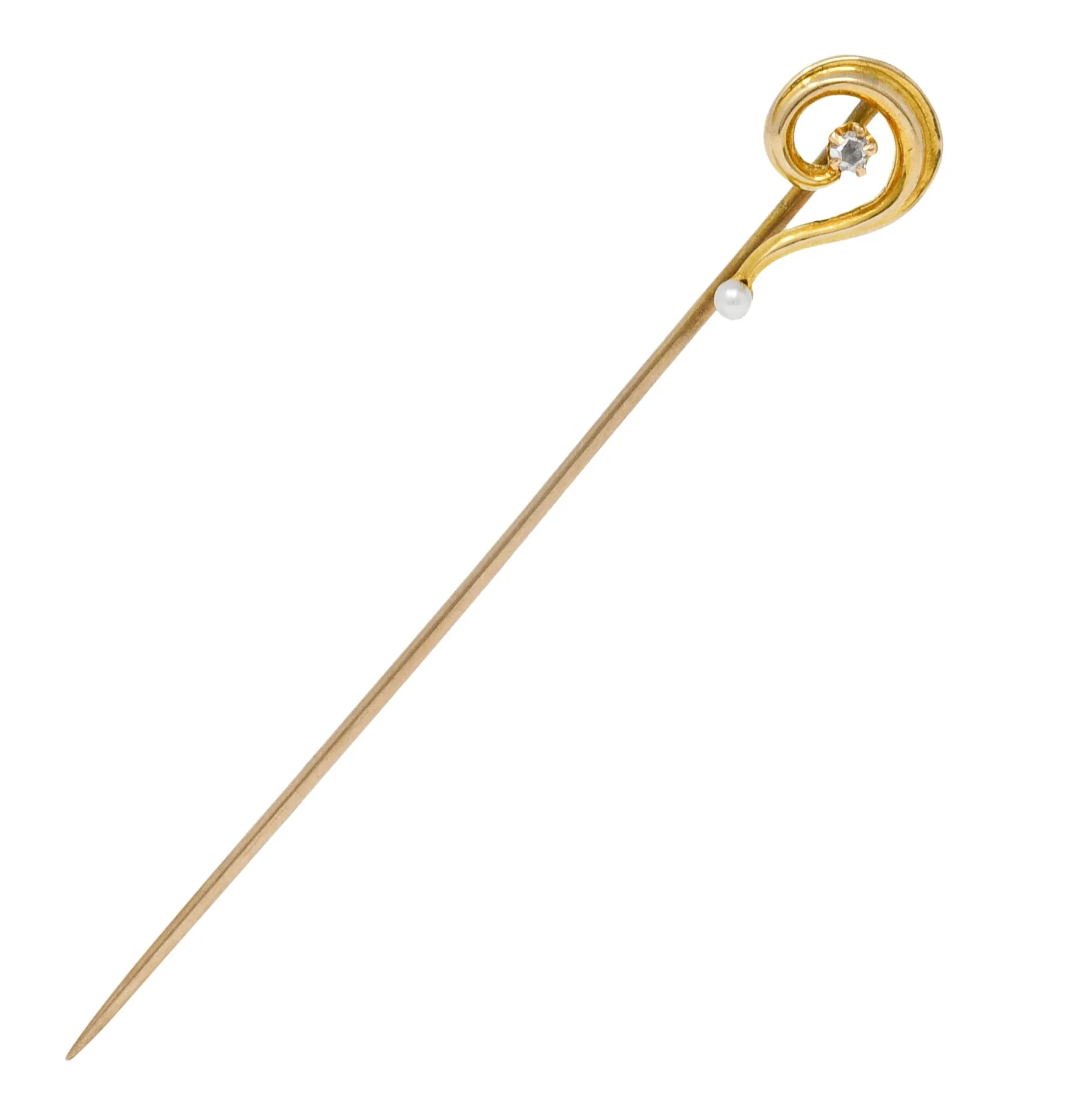 Art Nouveau Diamond Freshwater Pearl 14 Karat Gold Question Mark Stickpin