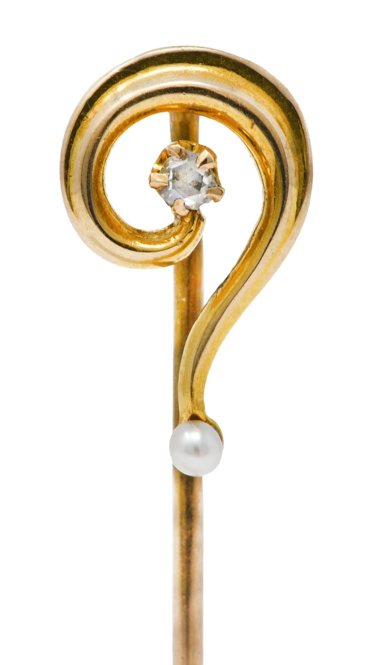 Art Nouveau Diamond Freshwater Pearl 14 Karat Gold Question Mark Stickpin