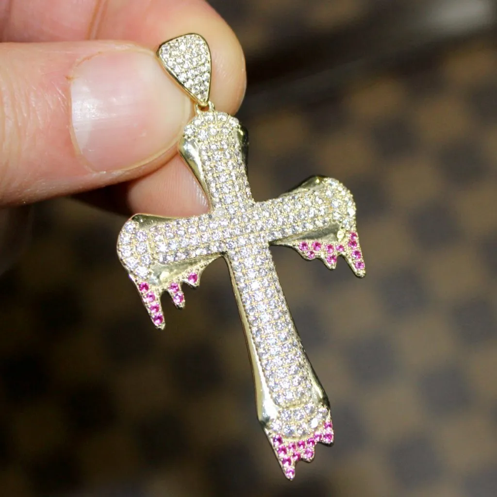 Blood Drip Designer Cross Pendant VVS CZ 10K Yellow Gold