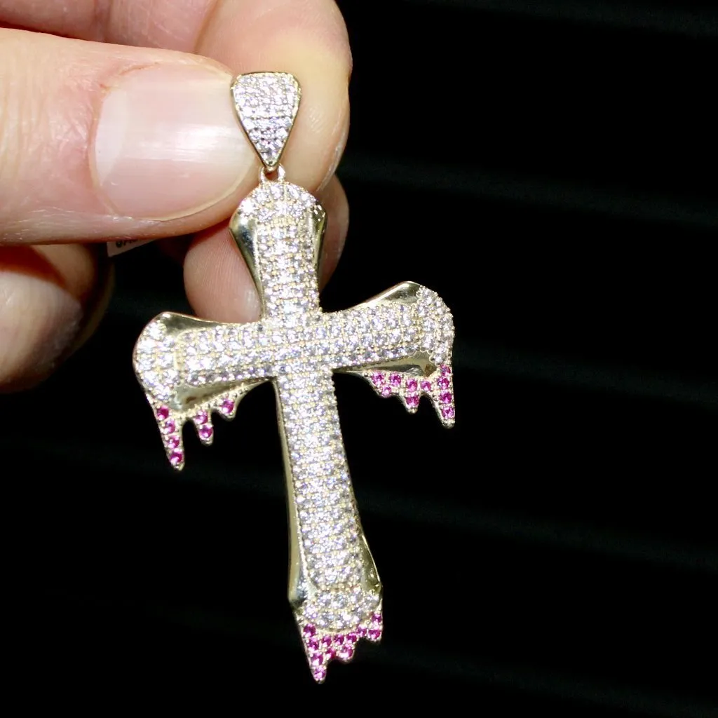 Blood Drip Designer Cross Pendant VVS CZ 10K Yellow Gold