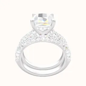 Cathedral Three Row Pave Engagement Ring With V Prong with Hidden Halo Head and Matching Band