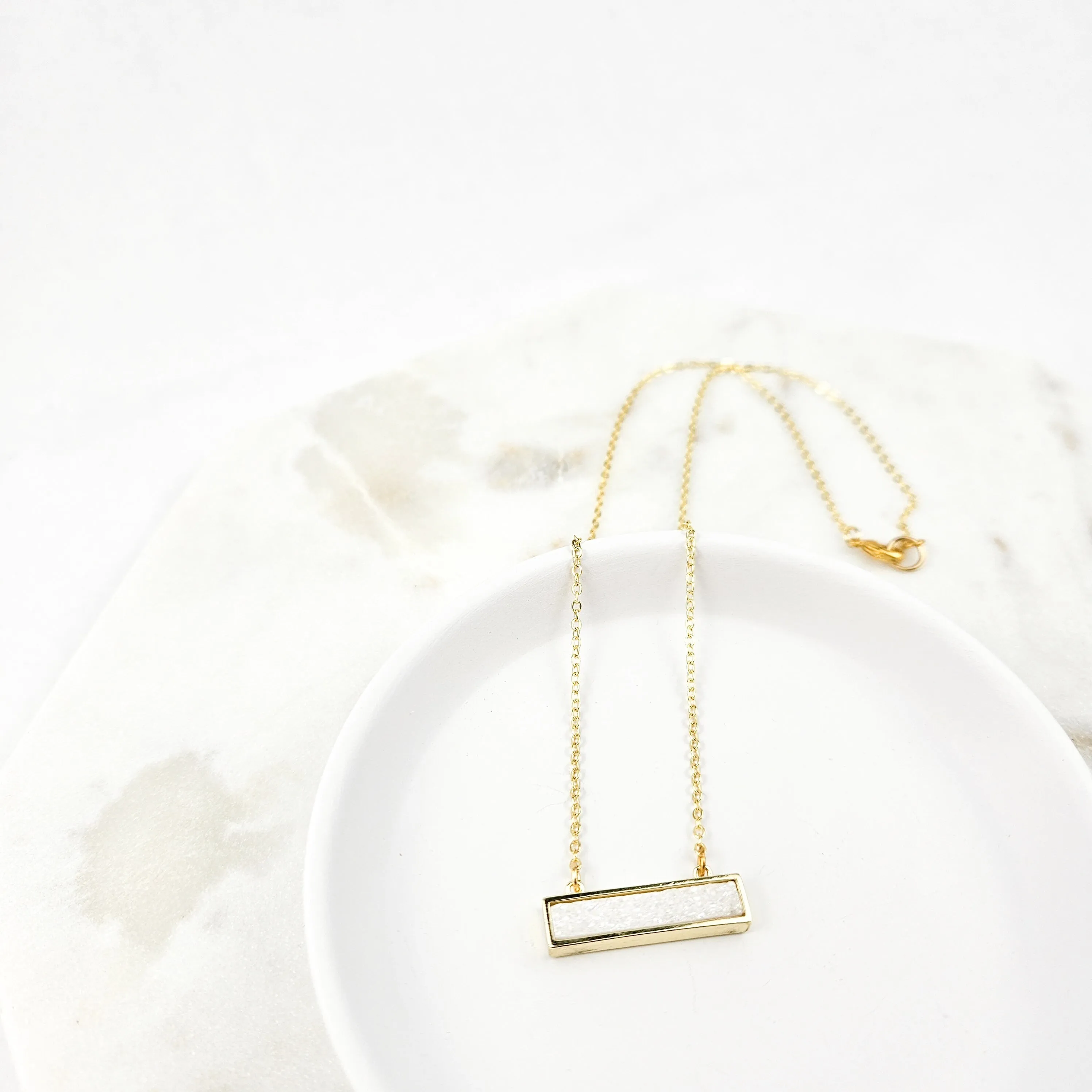 Dainty White Druzy Bar Gold Necklace