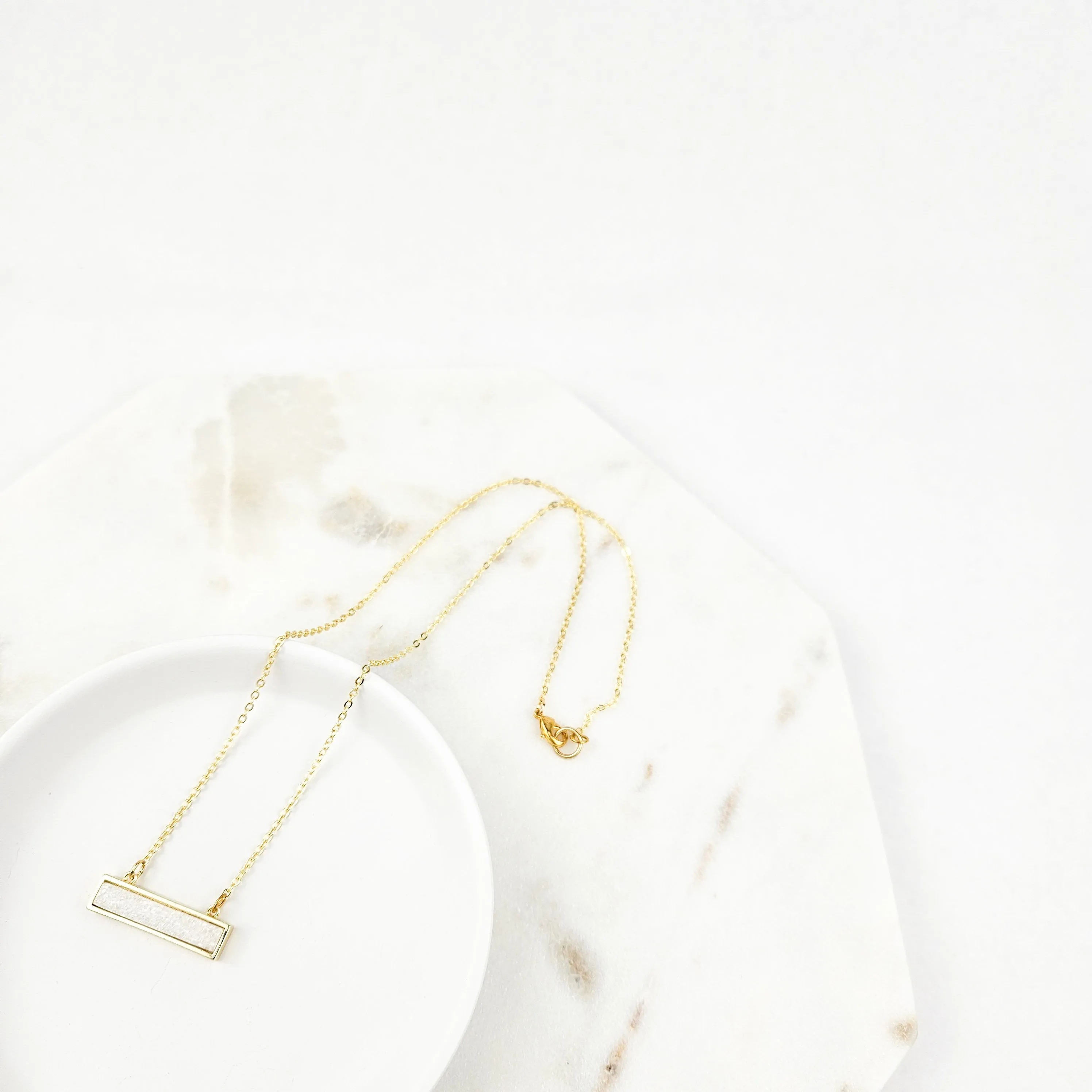 Dainty White Druzy Bar Gold Necklace