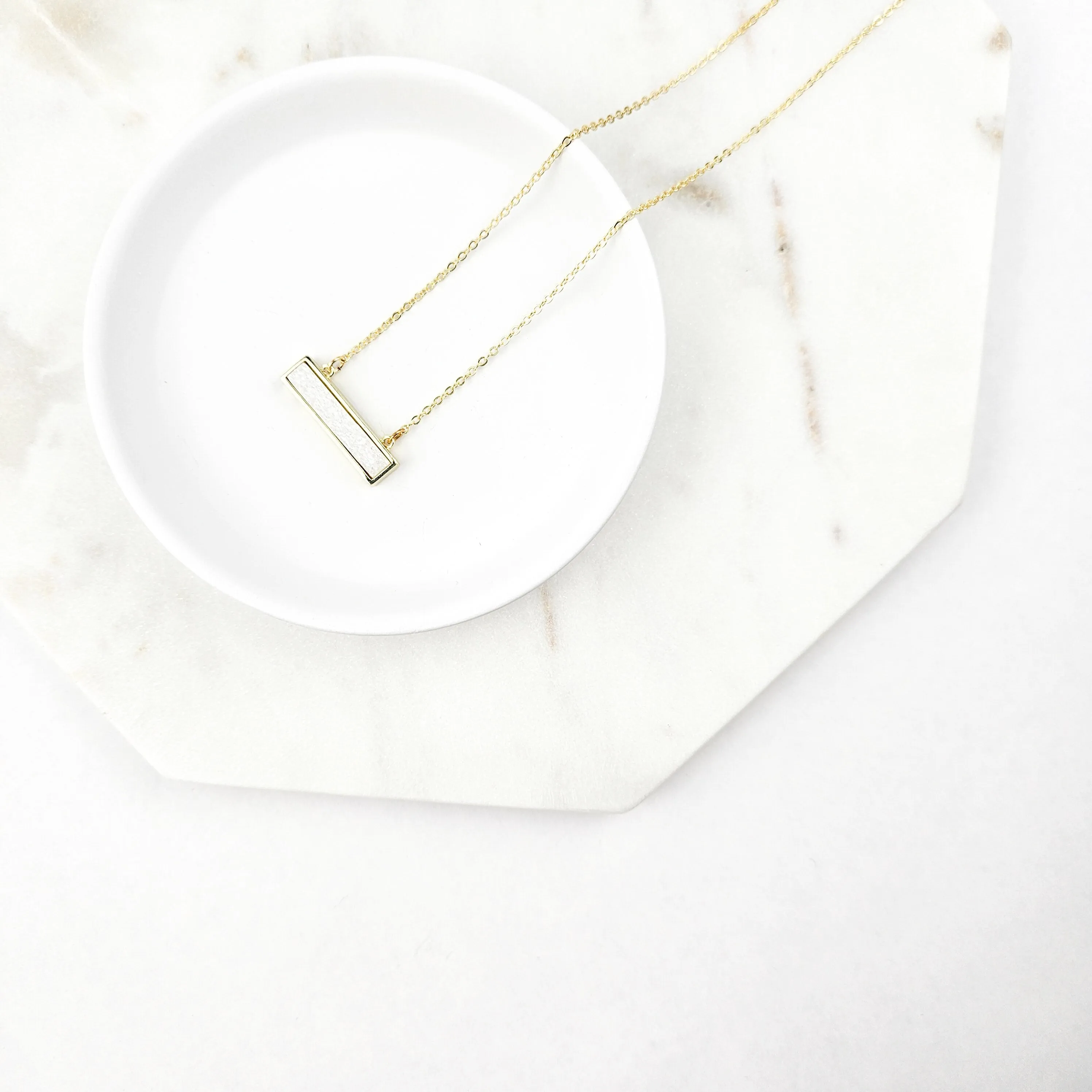 Dainty White Druzy Bar Gold Necklace