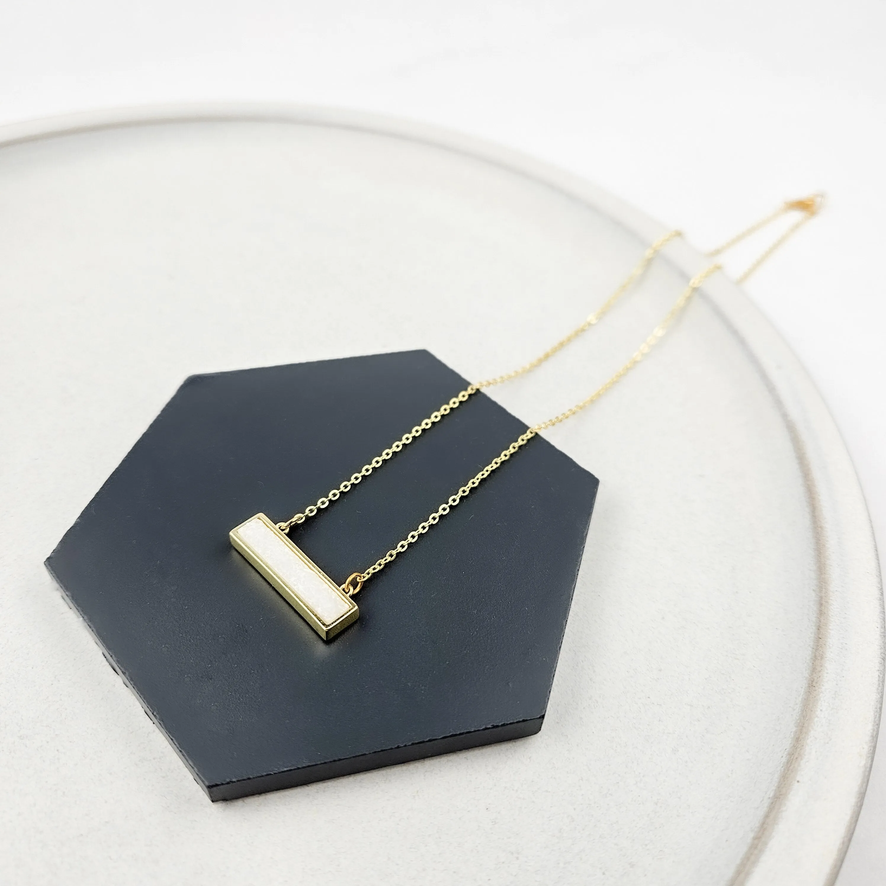 Dainty White Druzy Bar Gold Necklace