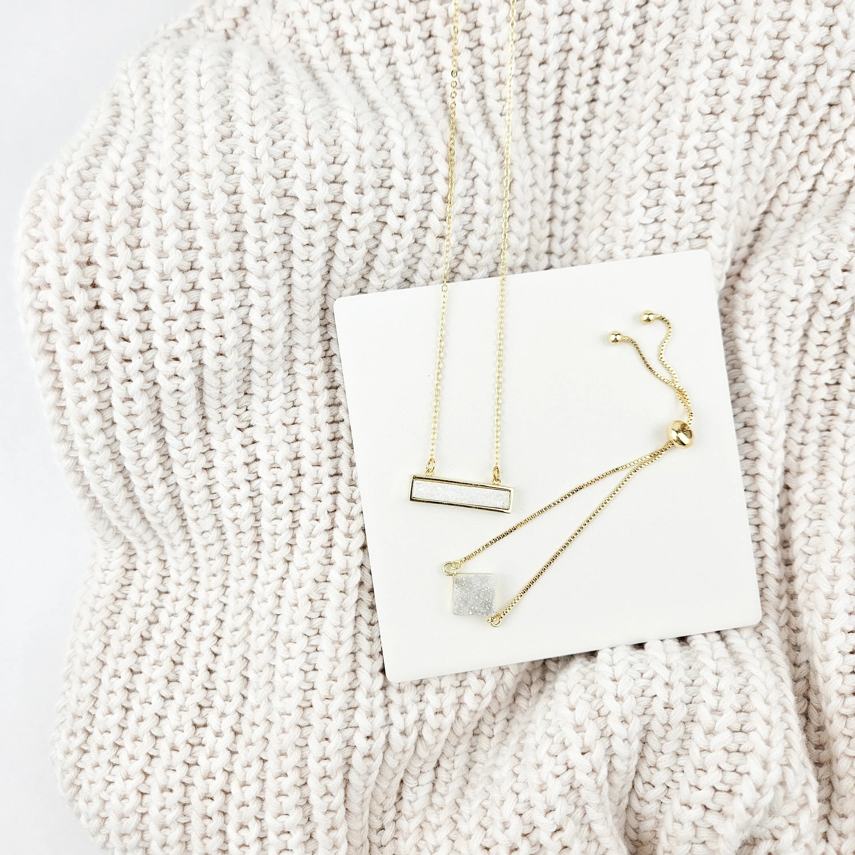 Dainty White Druzy Bar Gold Necklace