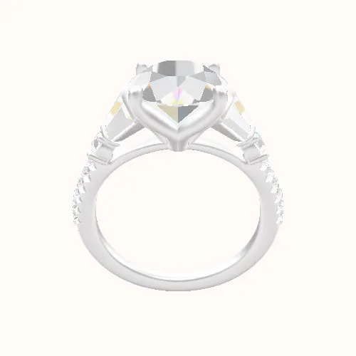 Diamond Band with Triple Tapered Baguettes & Round Sidestones Engagement Ring With Petal Four Prong Head