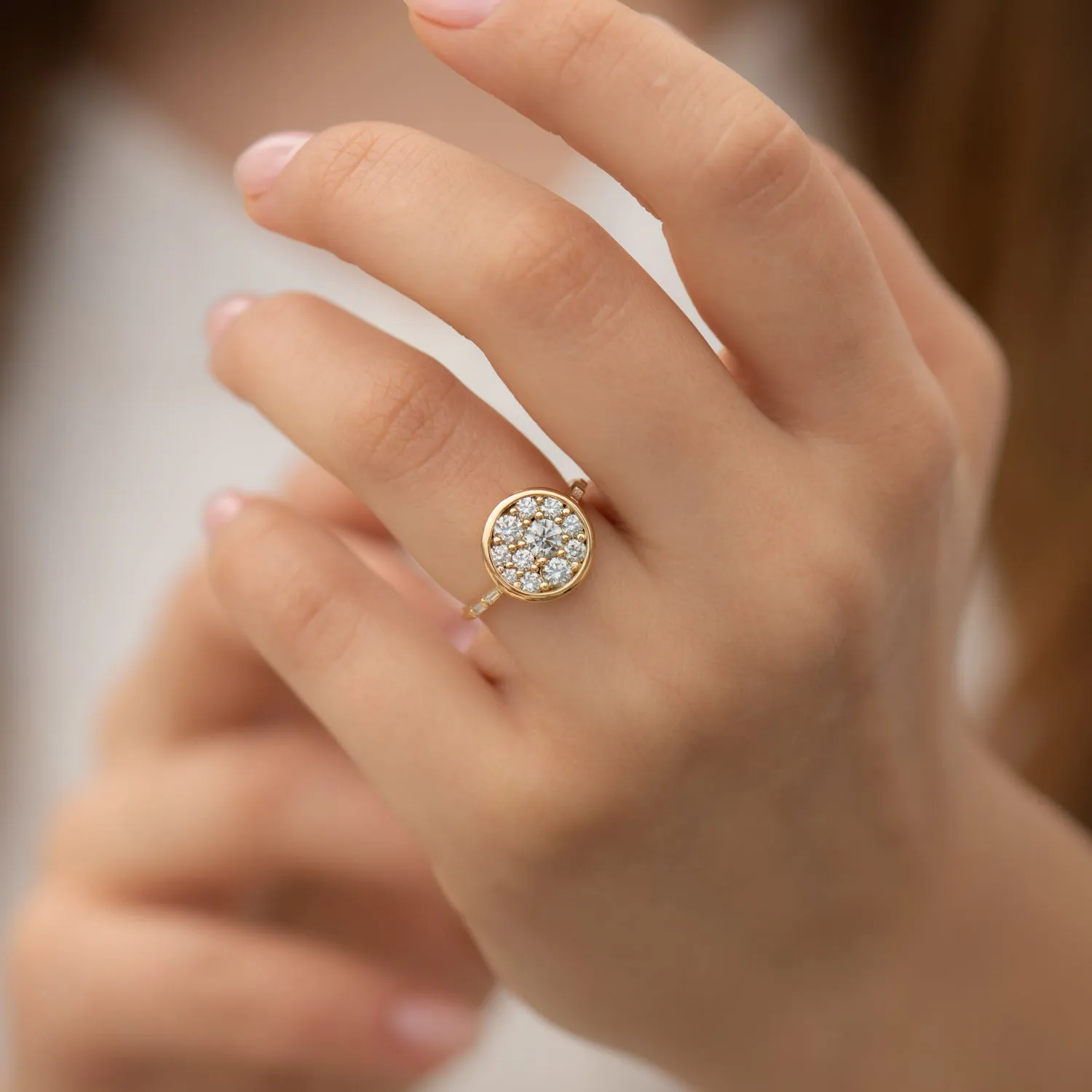 Diamond Cluster Engagement Ring with Framed Brilliant Cut Diamonds