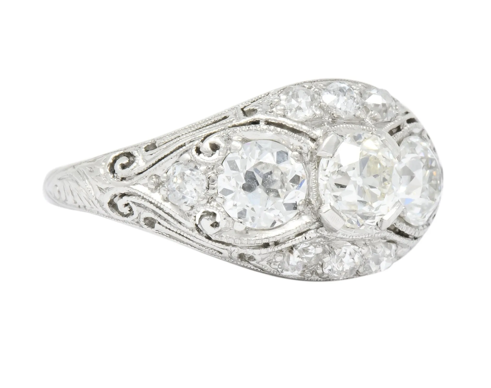 Edwardian 1.45 CTW Old European Diamond Platinum Three Stone Ring