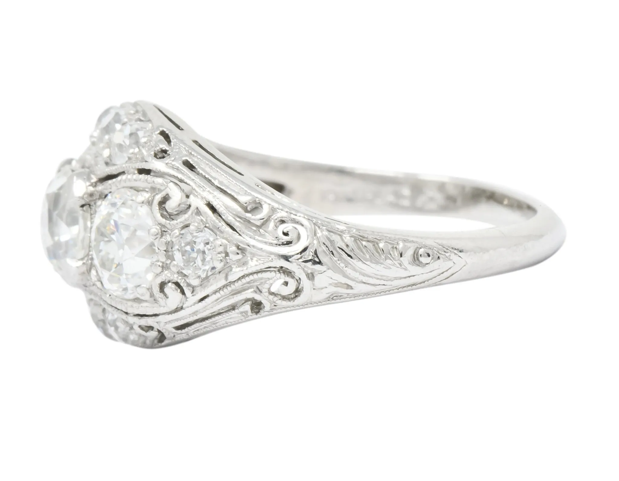 Edwardian 1.45 CTW Old European Diamond Platinum Three Stone Ring