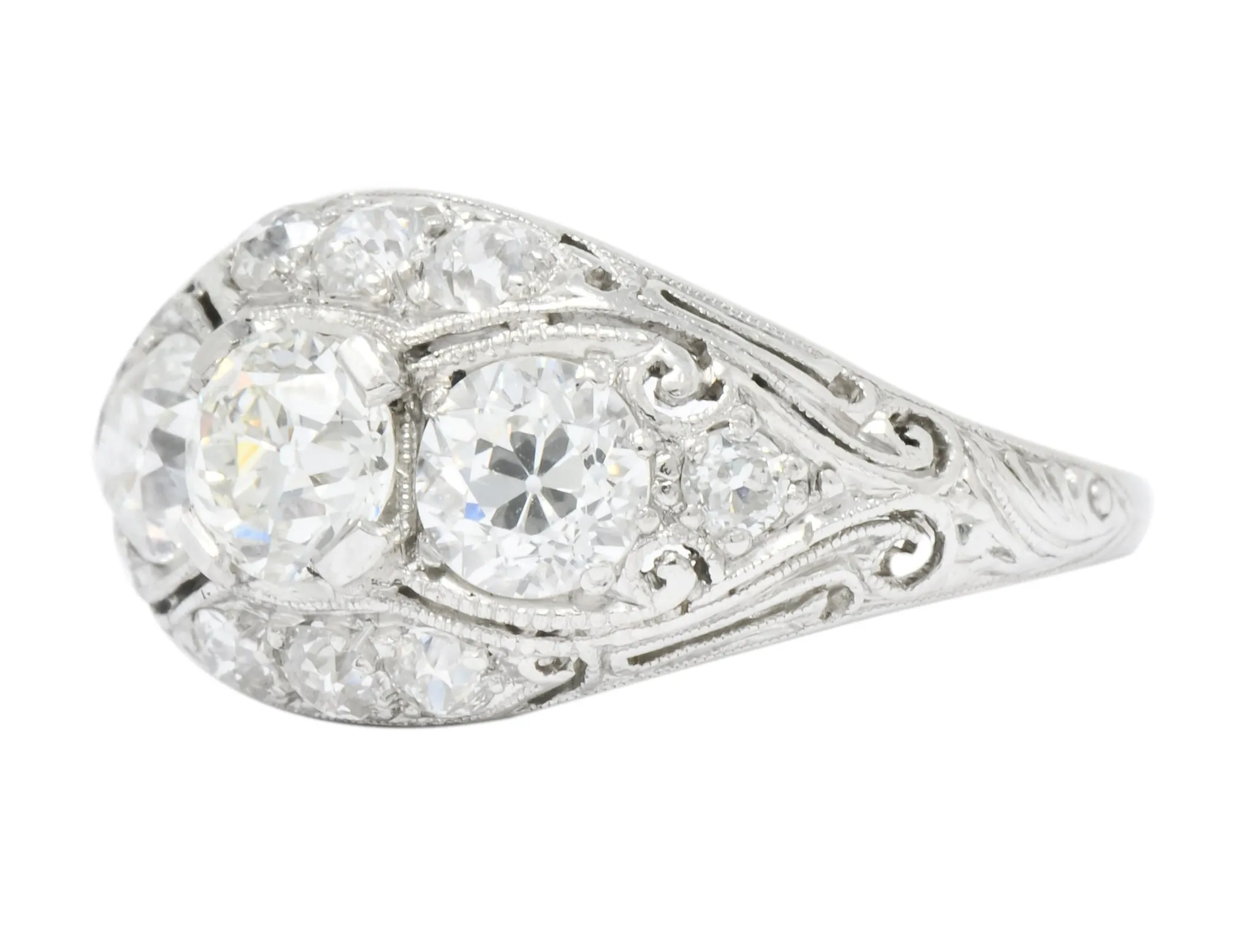 Edwardian 1.45 CTW Old European Diamond Platinum Three Stone Ring