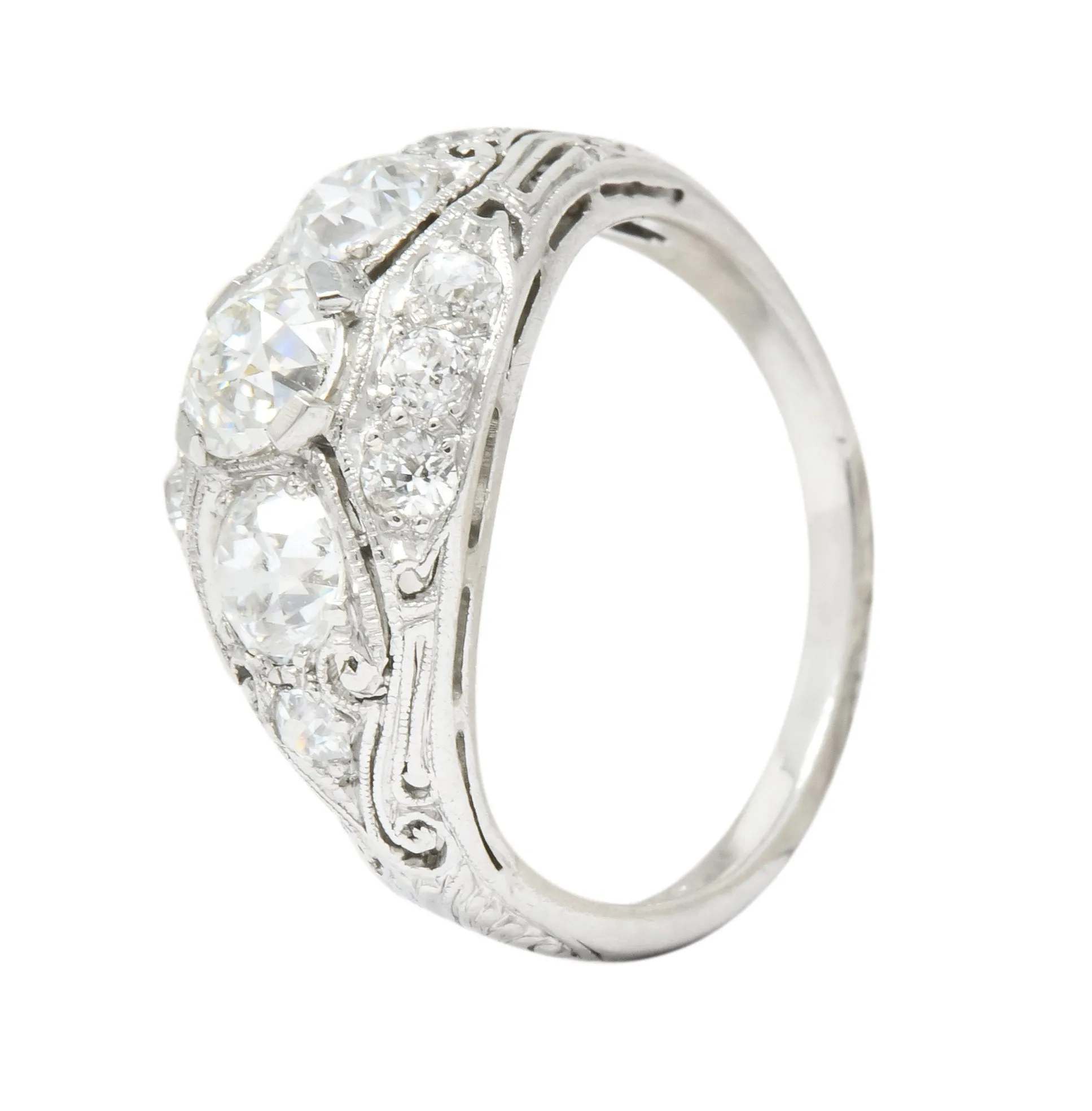 Edwardian 1.45 CTW Old European Diamond Platinum Three Stone Ring