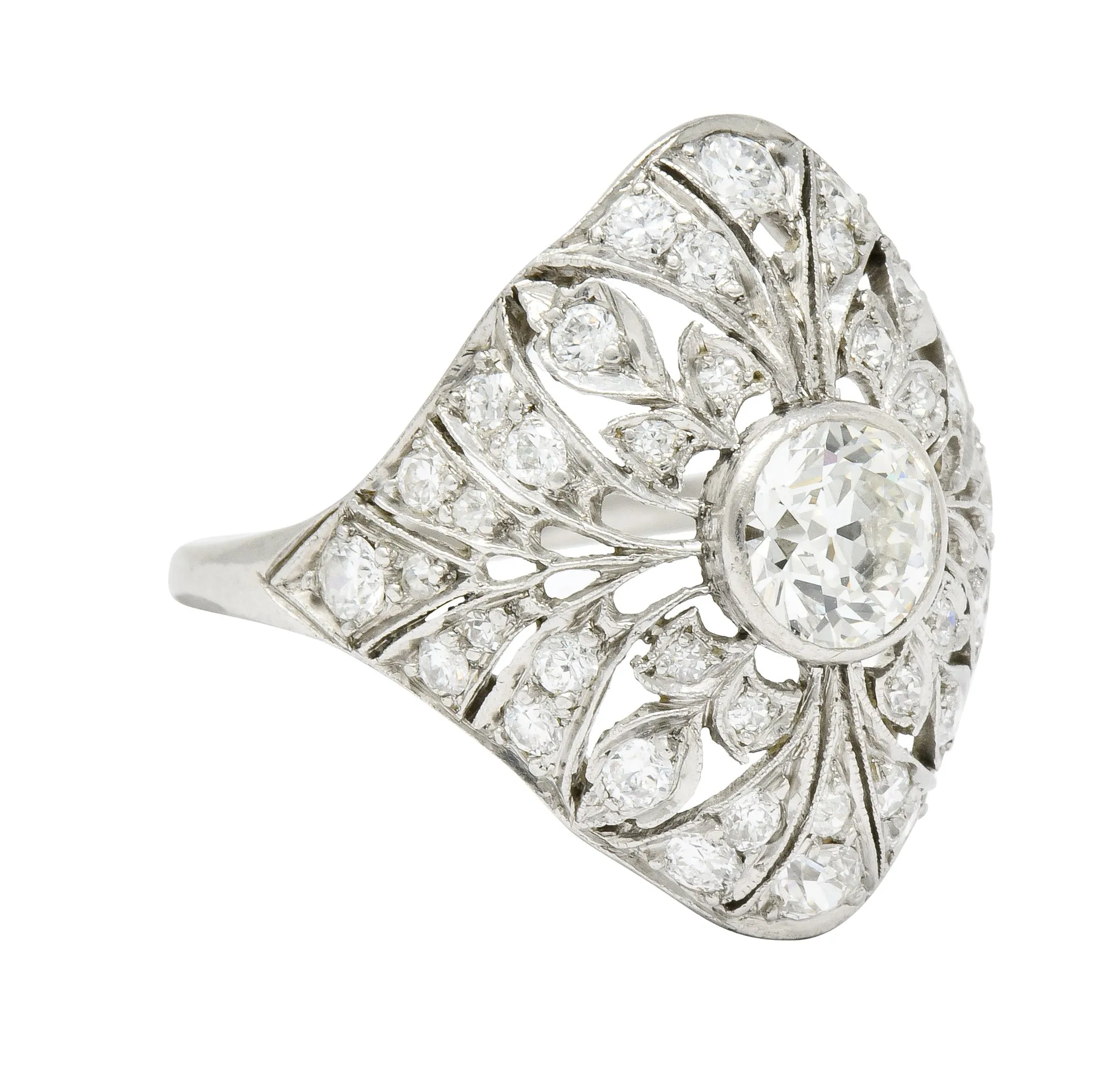 Edwardian 1.70 CTW Diamond Platinum Foliate Dinner Ring