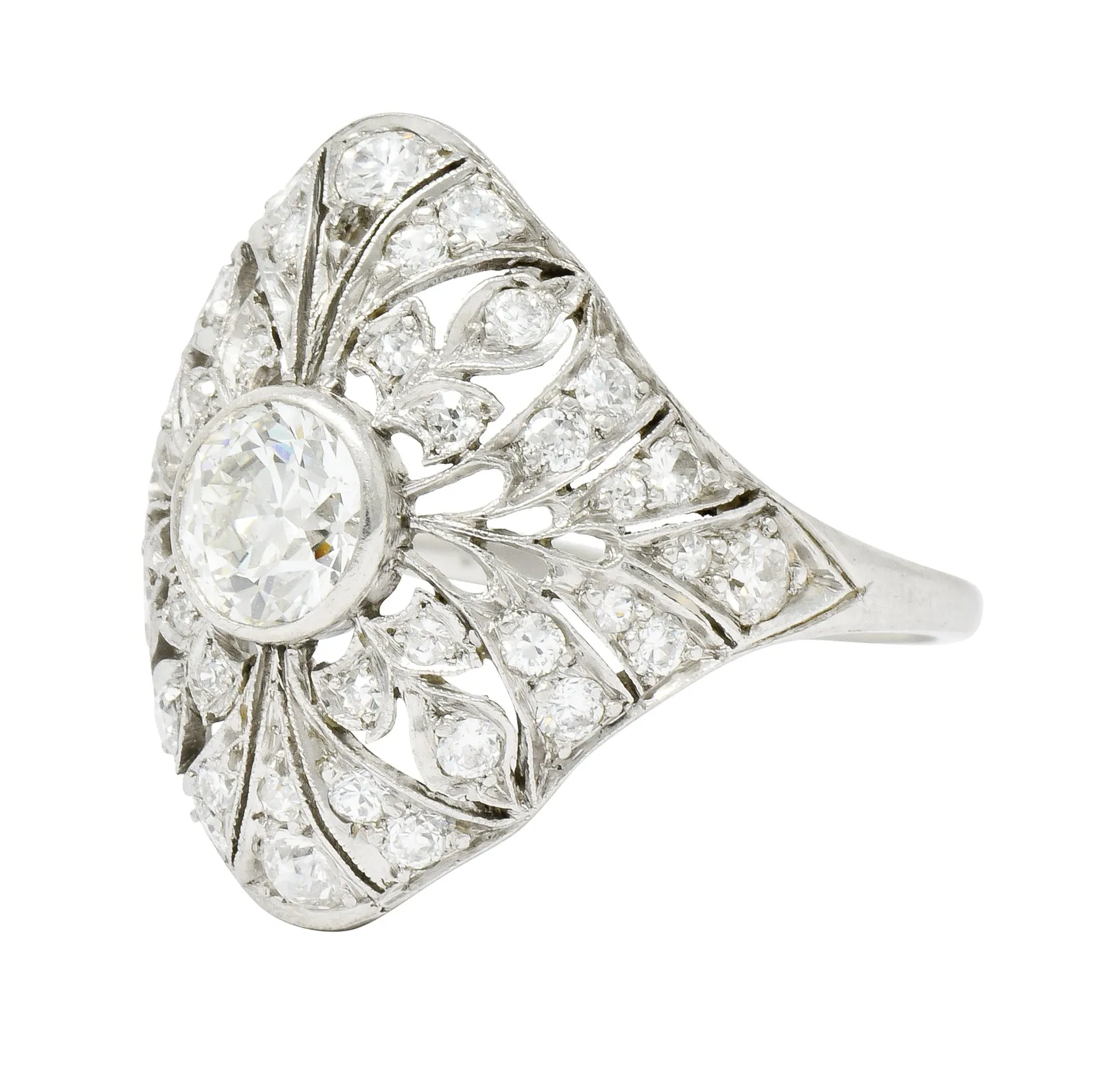 Edwardian 1.70 CTW Diamond Platinum Foliate Dinner Ring