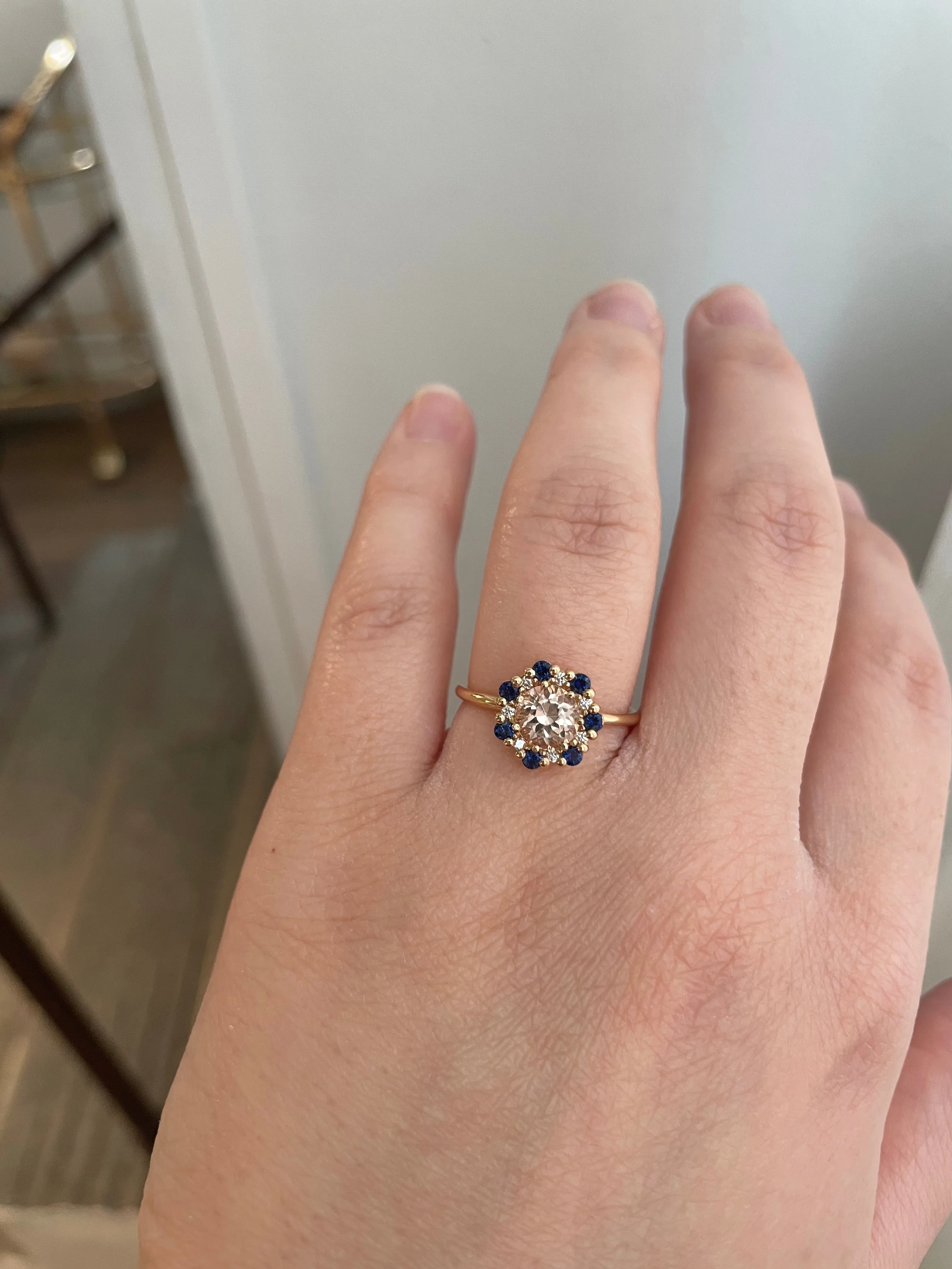 Finished: 24 Hour Auction! One-Of-A-Kind Flower Ring with Champagne Morganite and a halo of Dark Blue Sapphires and Diamonds (1.