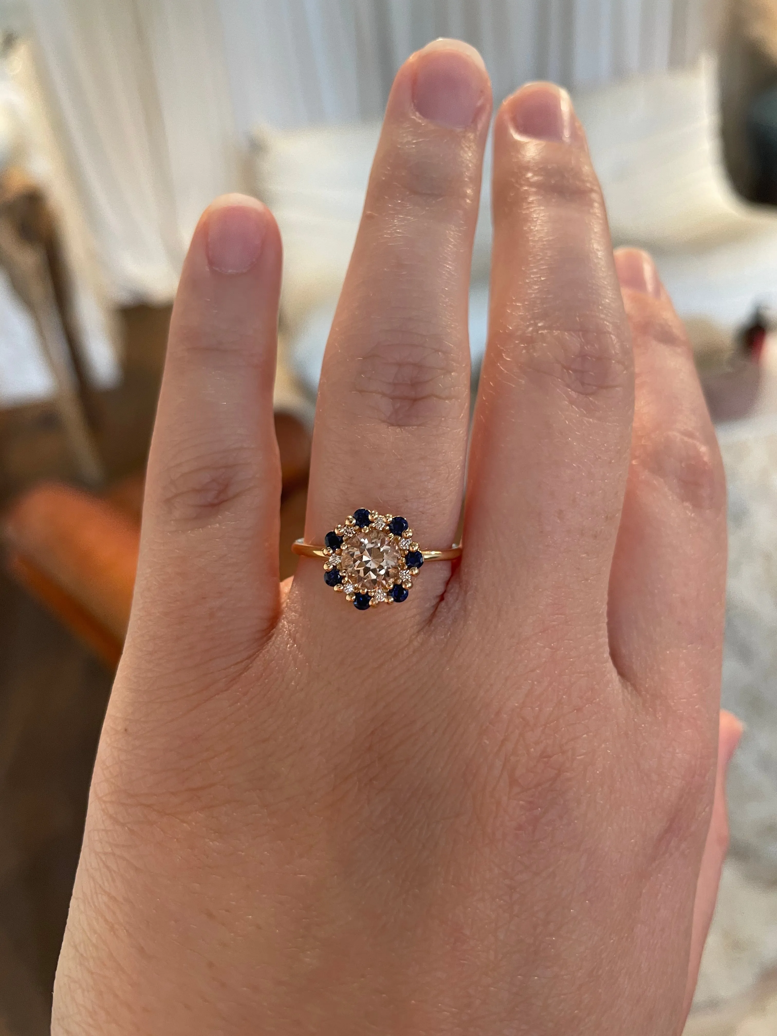 Finished: 24 Hour Auction! One-Of-A-Kind Flower Ring with Champagne Morganite and a halo of Dark Blue Sapphires and Diamonds (1.