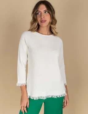 Gaia Life - Maglia girocollo con frange bianco