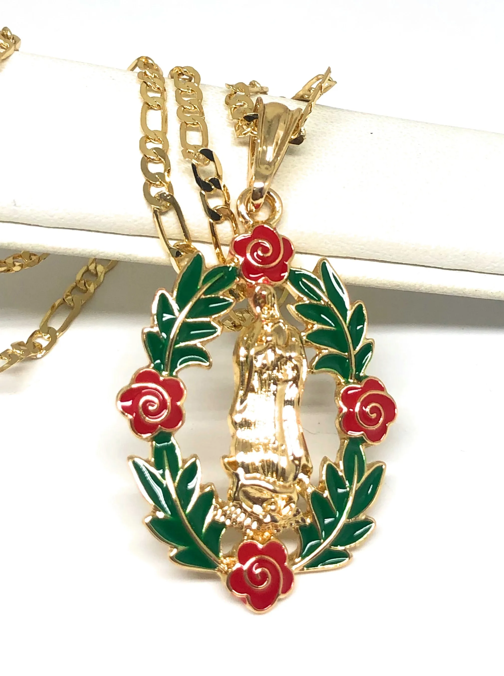 Gold Plated Tri-Color Virgin Mary Flower Pendant Necklace 24 Virgen de Guadalupe