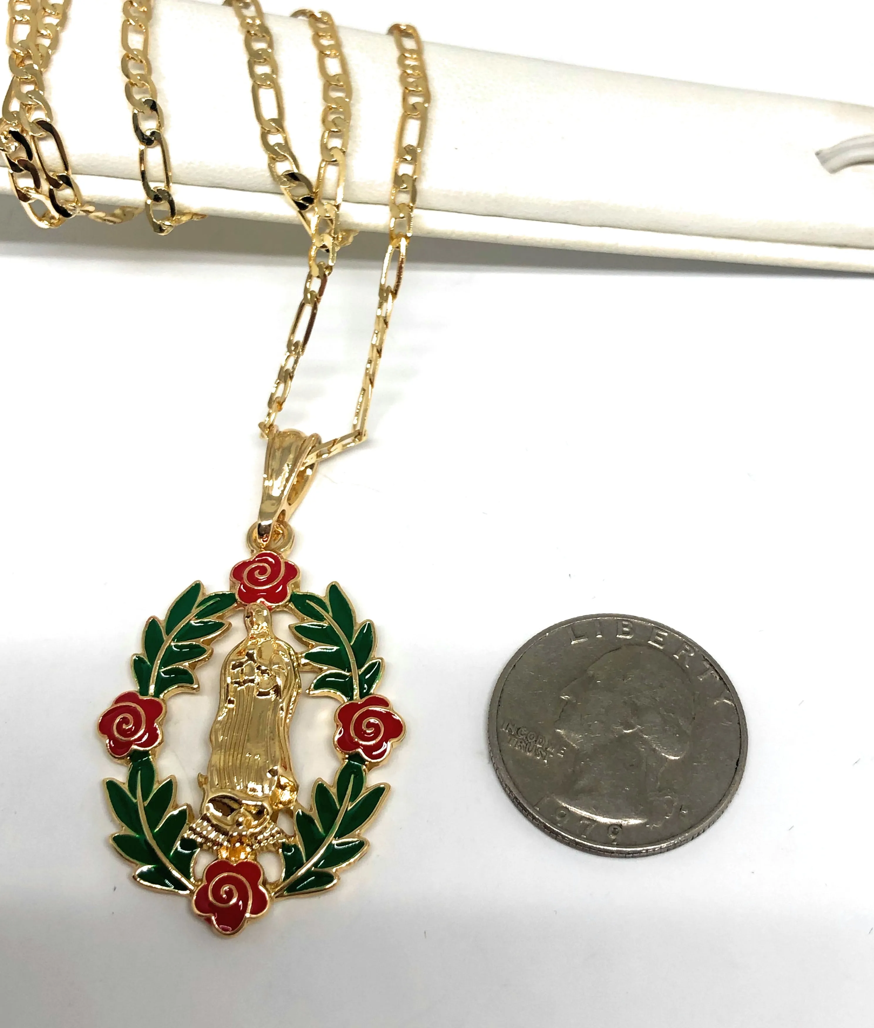 Gold Plated Tri-Color Virgin Mary Flower Pendant Necklace 24 Virgen de Guadalupe