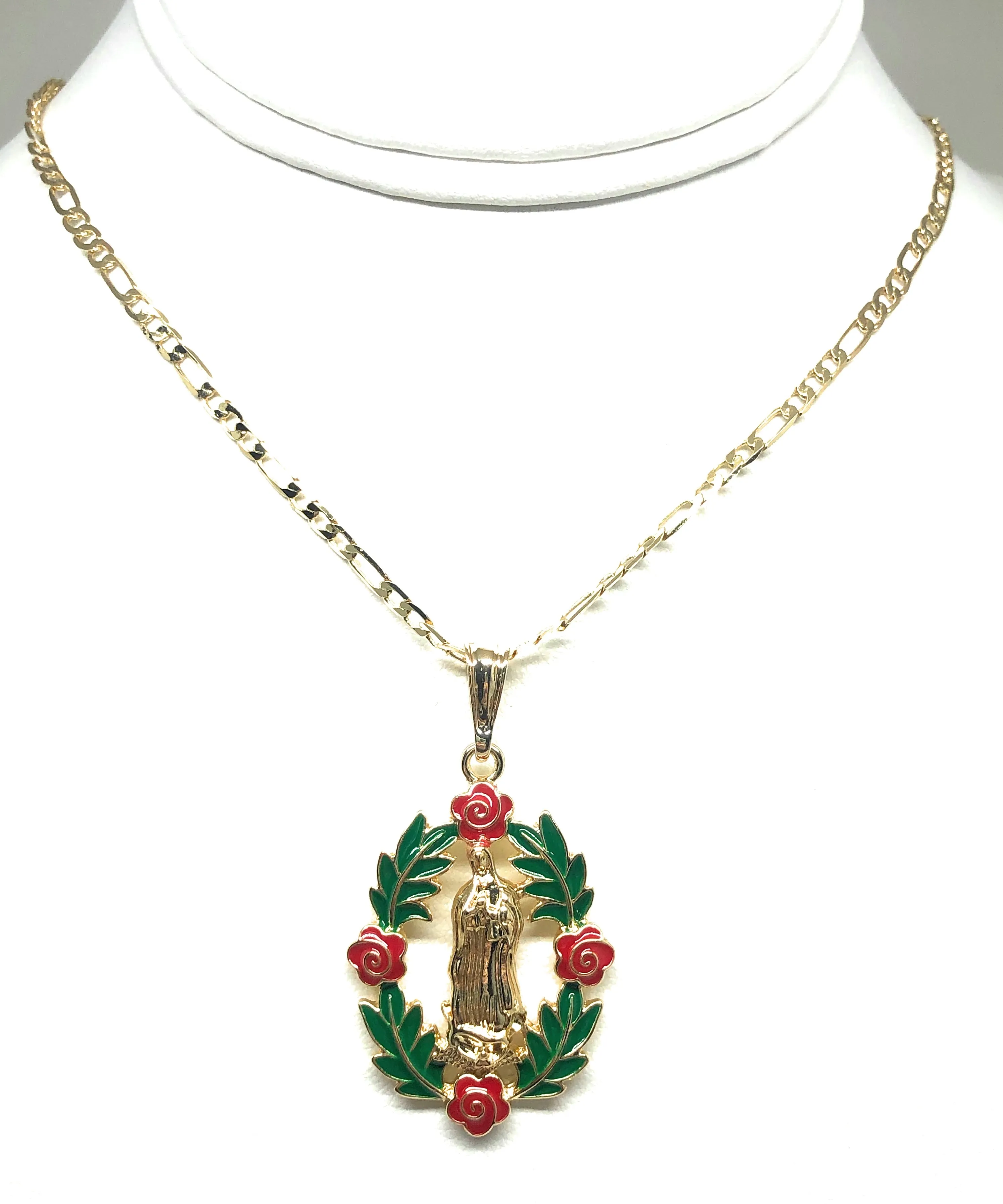 Gold Plated Tri-Color Virgin Mary Flower Pendant Necklace 24 Virgen de Guadalupe