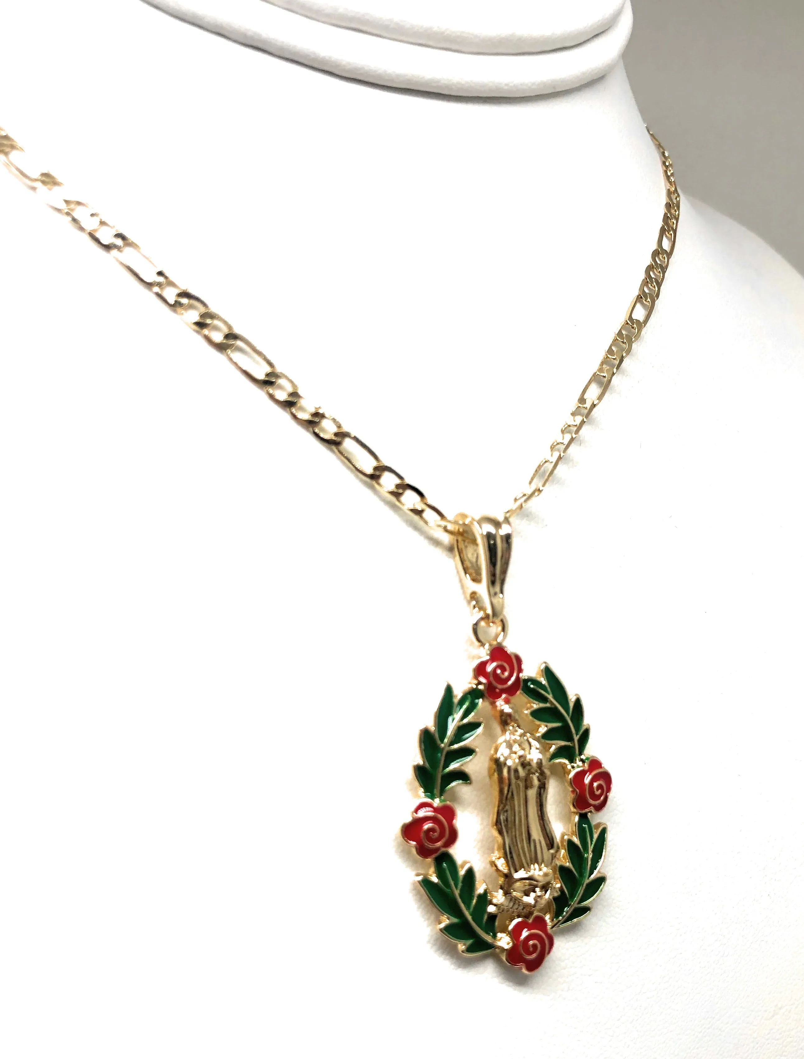 Gold Plated Tri-Color Virgin Mary Flower Pendant Necklace 24 Virgen de Guadalupe